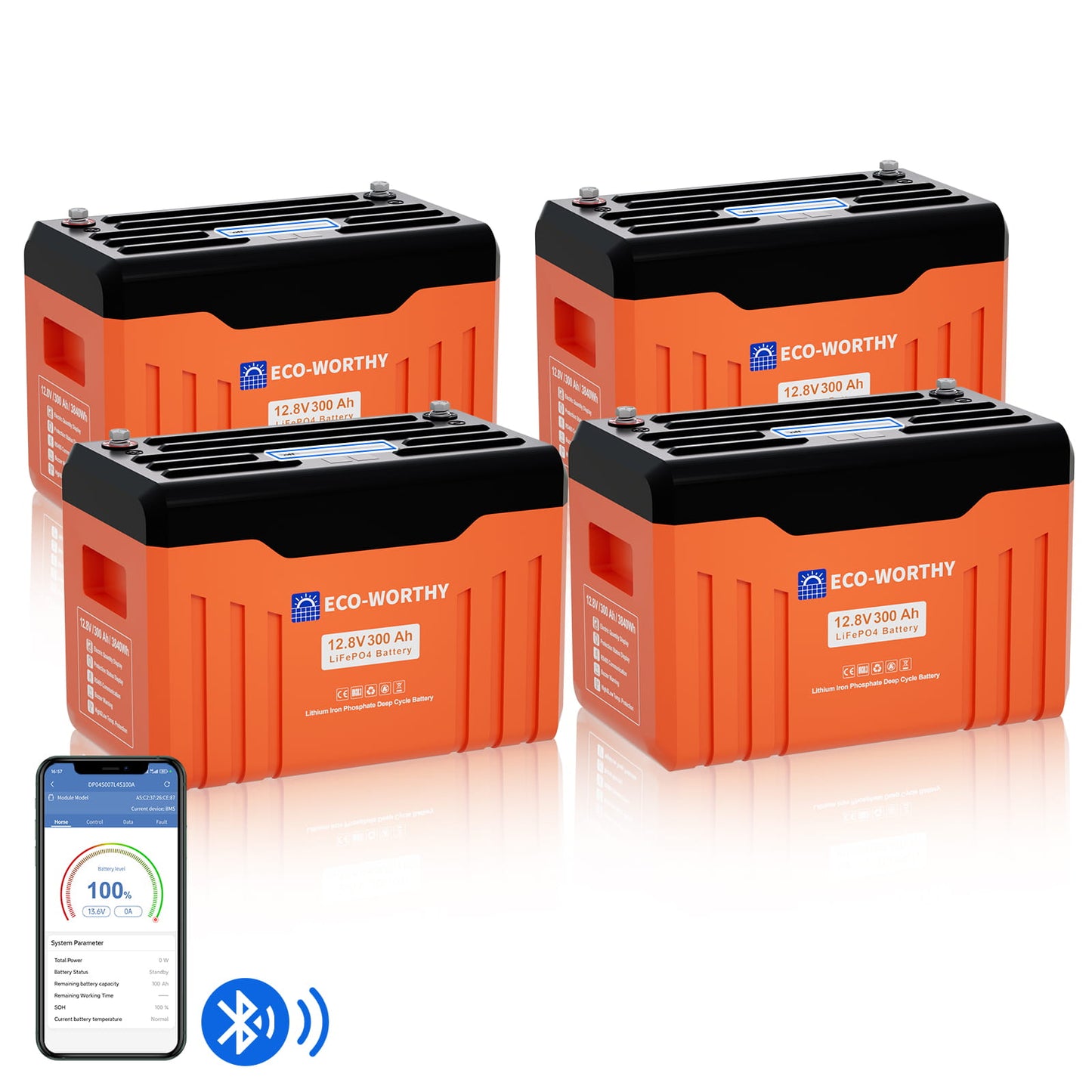 ECO-WORTHY 12V 300AH Lifepo4 Lithium Battery Bluetooth with SOC LEDs and Low Temp Protection