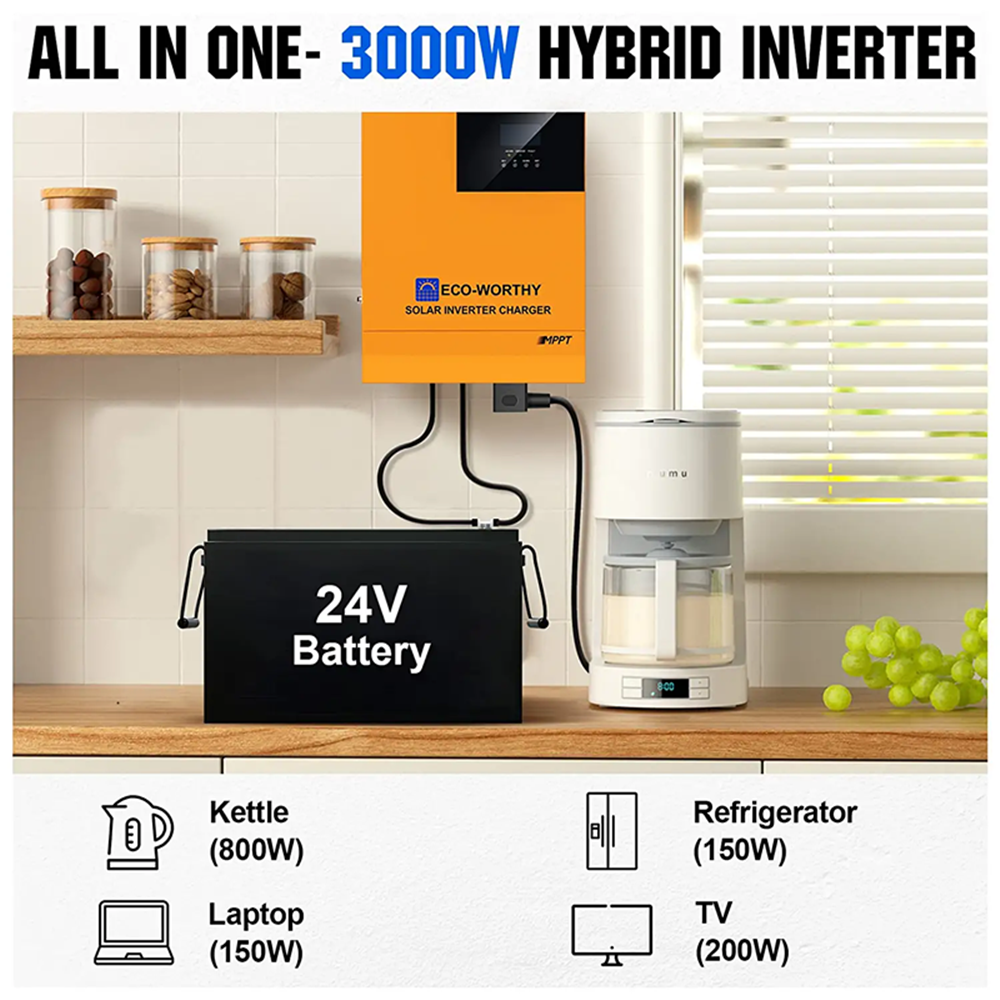 780W 24V (4x195W) Complete MPPT Off Grid Solar Kit with 3kW Inverter + 2.4kWh Lithium