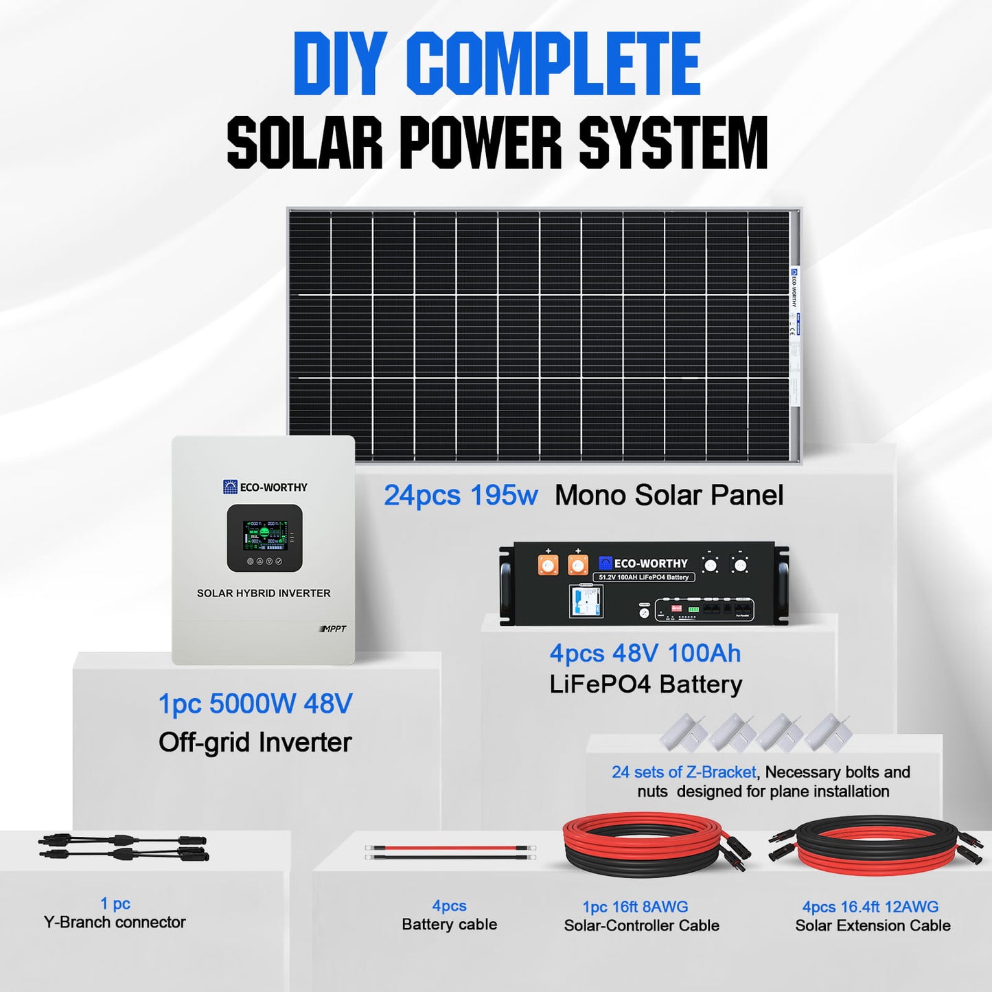 DIY 4680W 48V (24x Bifacial 195W) Complete MPPT Off Grid Solar Kit with components on a white background