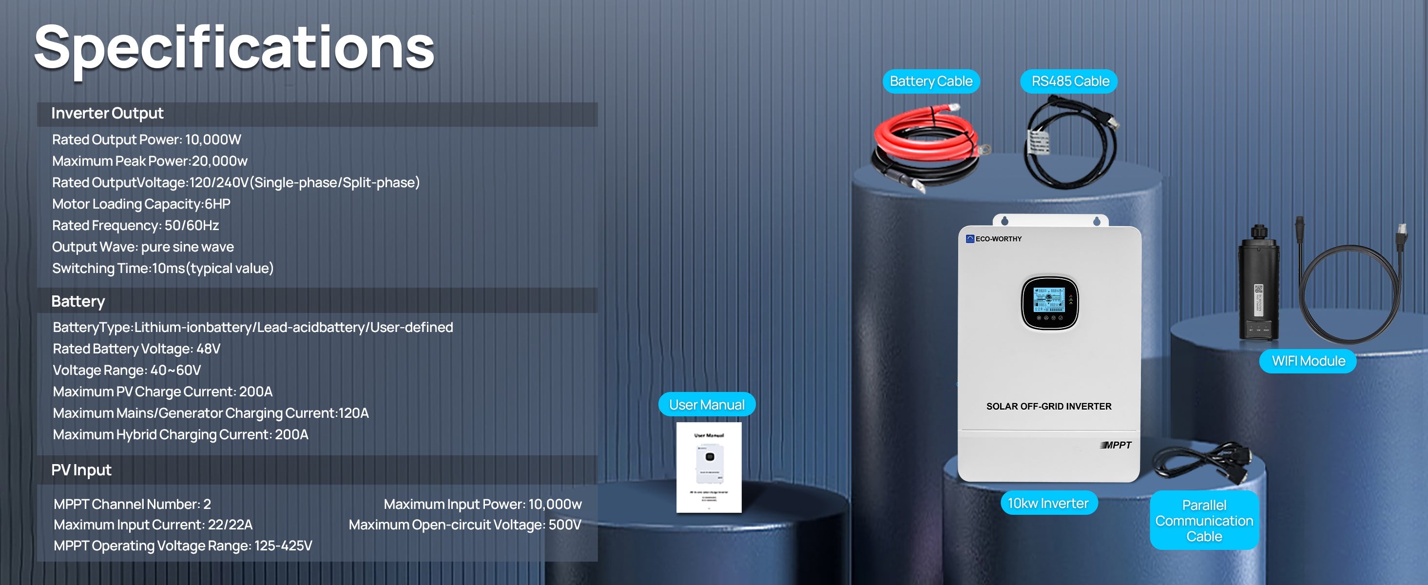 Technical specifications and components of a solar power system on a blue background