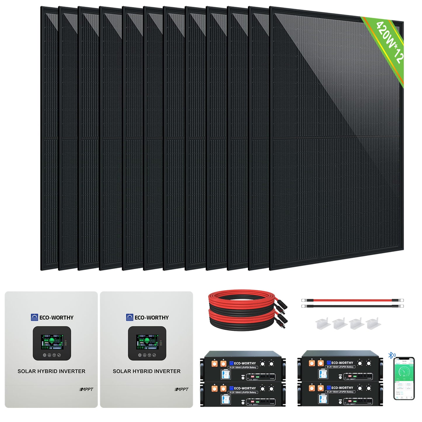 5040W 48V (12x N - Type 420W) Complete Off Grid Solar Kit | 20.48kWh Battery Capacity | 120VAC/240VAC Split Phase Output - 2KW - 5KW solar panel kit