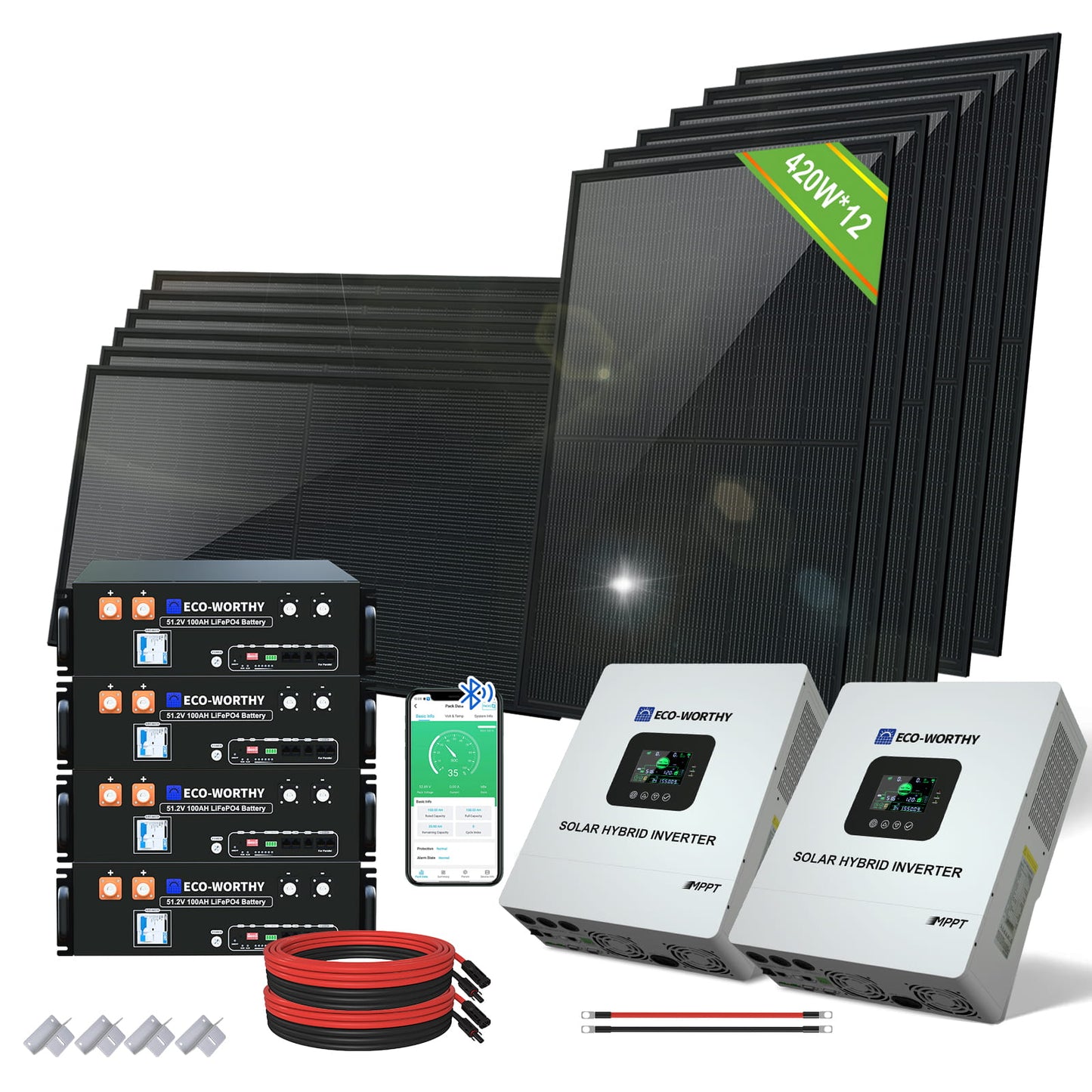 5040W 48V (12x N - Type 420W) Complete Off Grid Solar Kit | 20.48kWh Battery Capacity | 120VAC/240VAC Split Phase Output - 2KW - 5KW solar panel kit