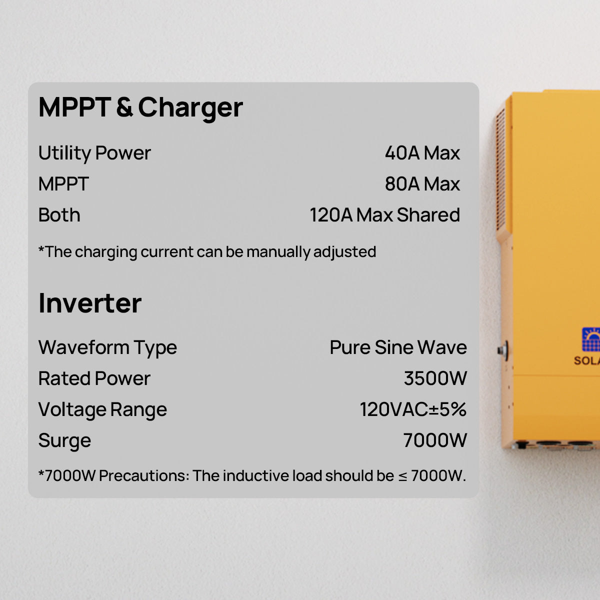 Yellow battery pack with technical specifications on a gray background