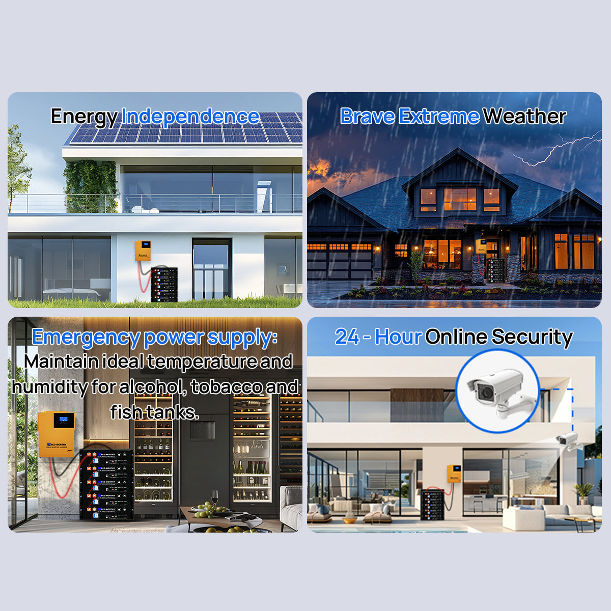 Collage of images showcasing energy independence, extreme weather protection, emergency power supply, and online security features.
