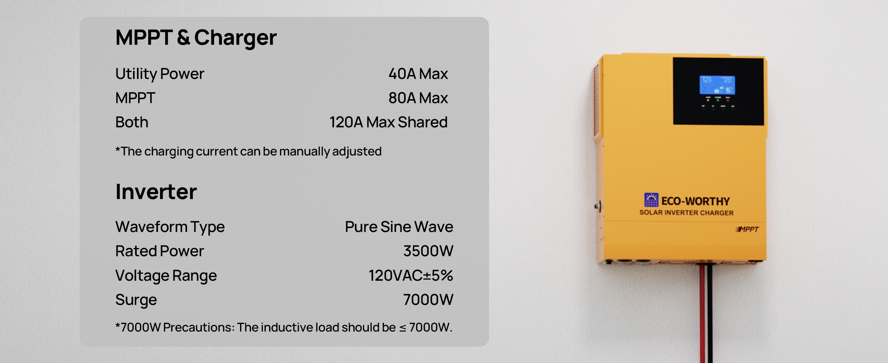 Yellow inverter with specifications on a gray background