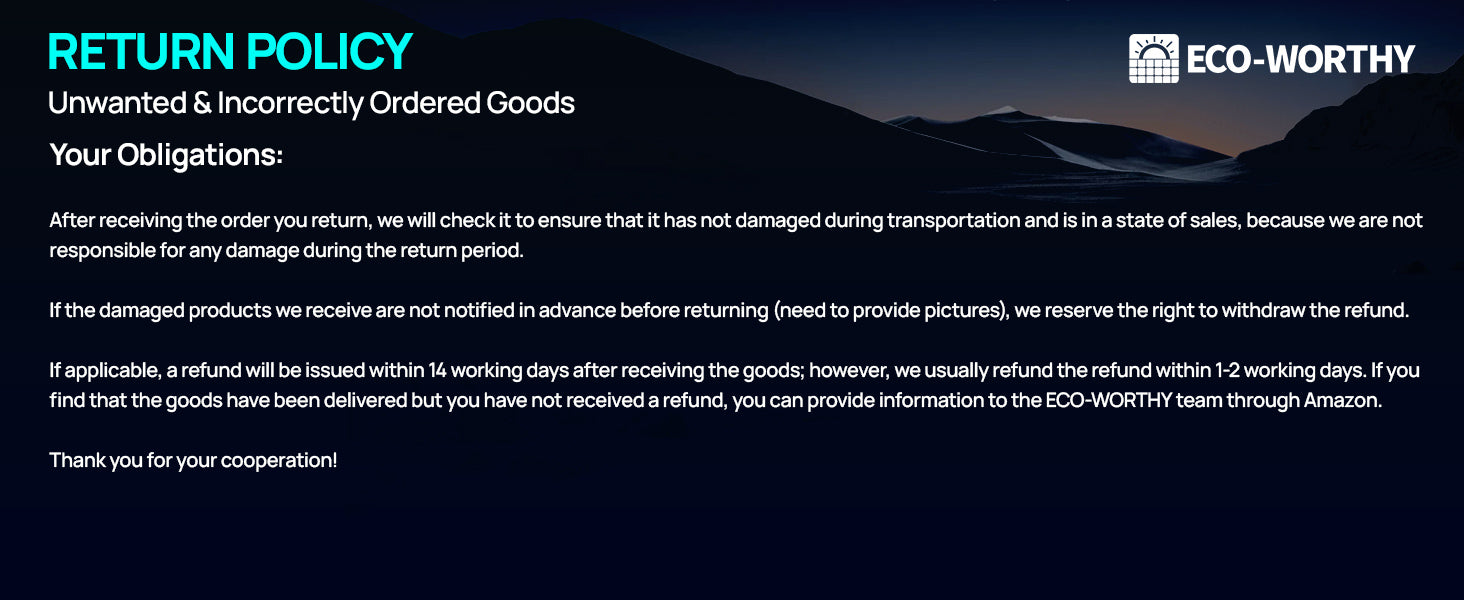 A digital graphic displaying the ECO-WORTHY return policy text on a dark background with a mountain silhouette. The text outlines obligations for returning unwanted and incorrectly ordered goods, with the ECO-WORTHY logo in the top right corner.