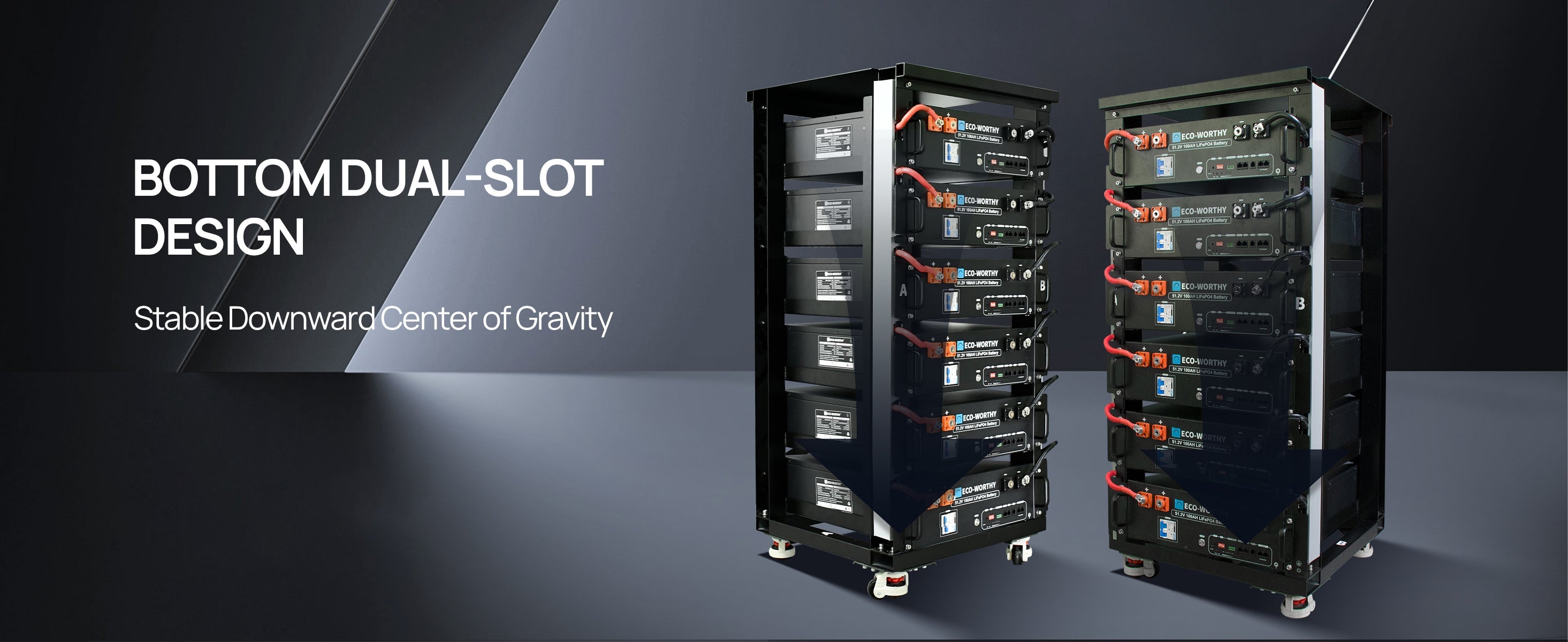 Two black electronic equipment racks with dual-slot design on a dark background