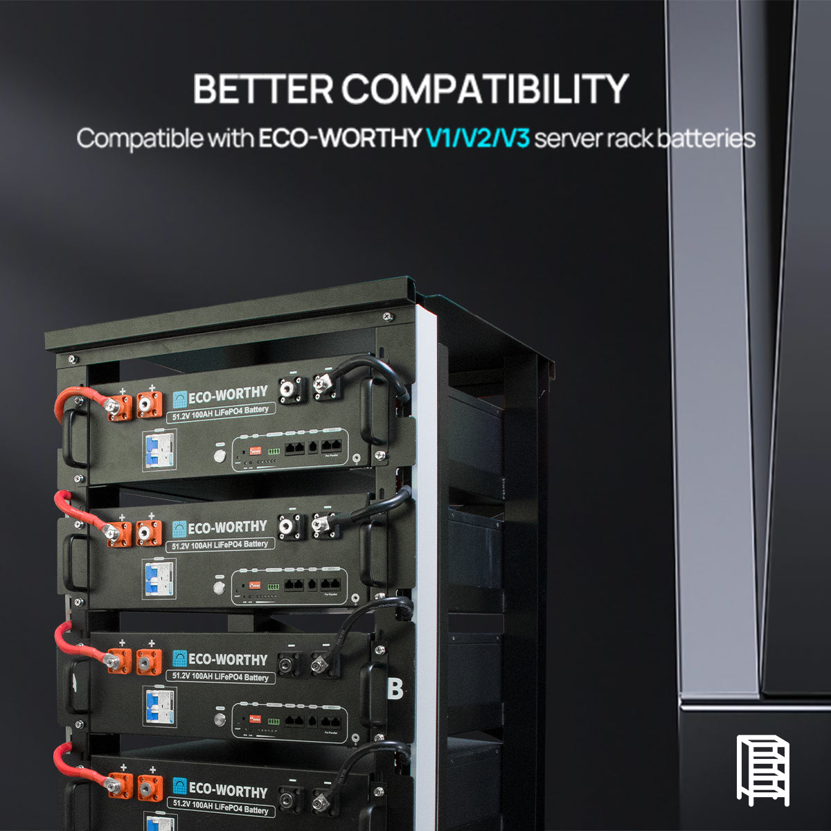 ECO-WORTHY server rack batteries with text about compatibility on a dark background