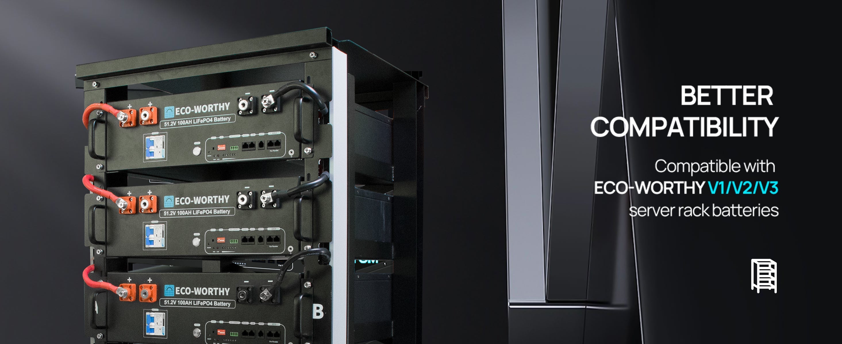 Stack of ECO-WORTHY batteries with text about compatibility on a dark background