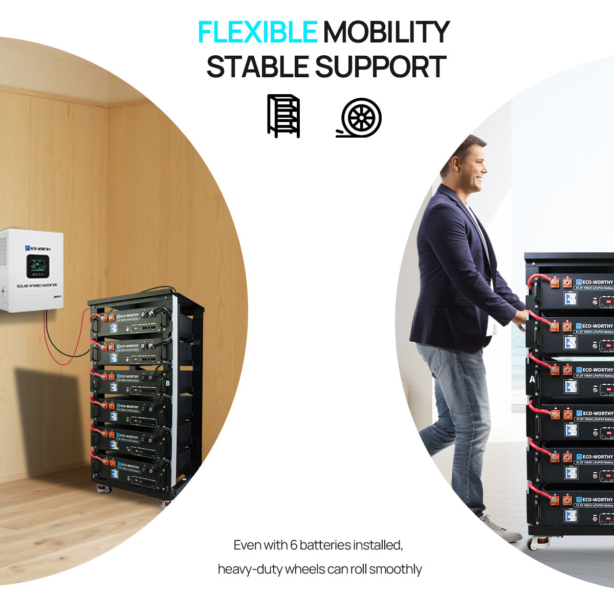 Batteries with a man pushing them, emphasizing flexible mobility and stable support.