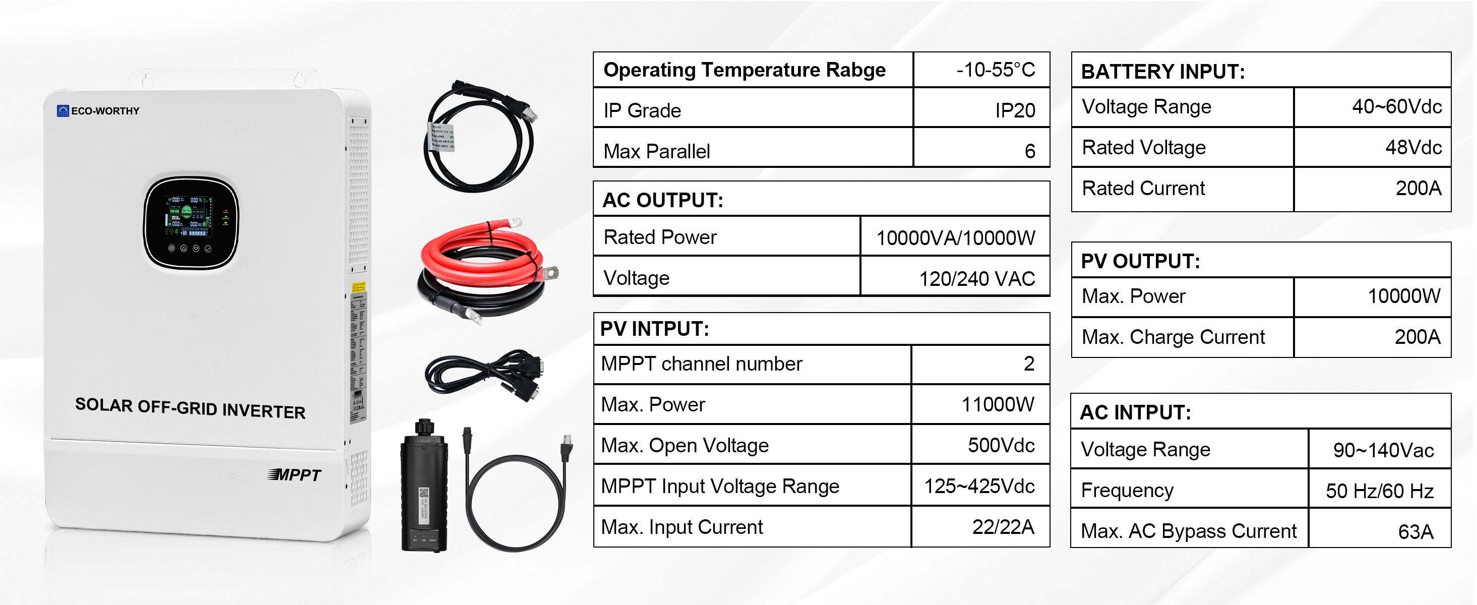 Solar off-grid inverter with specifications on a white background