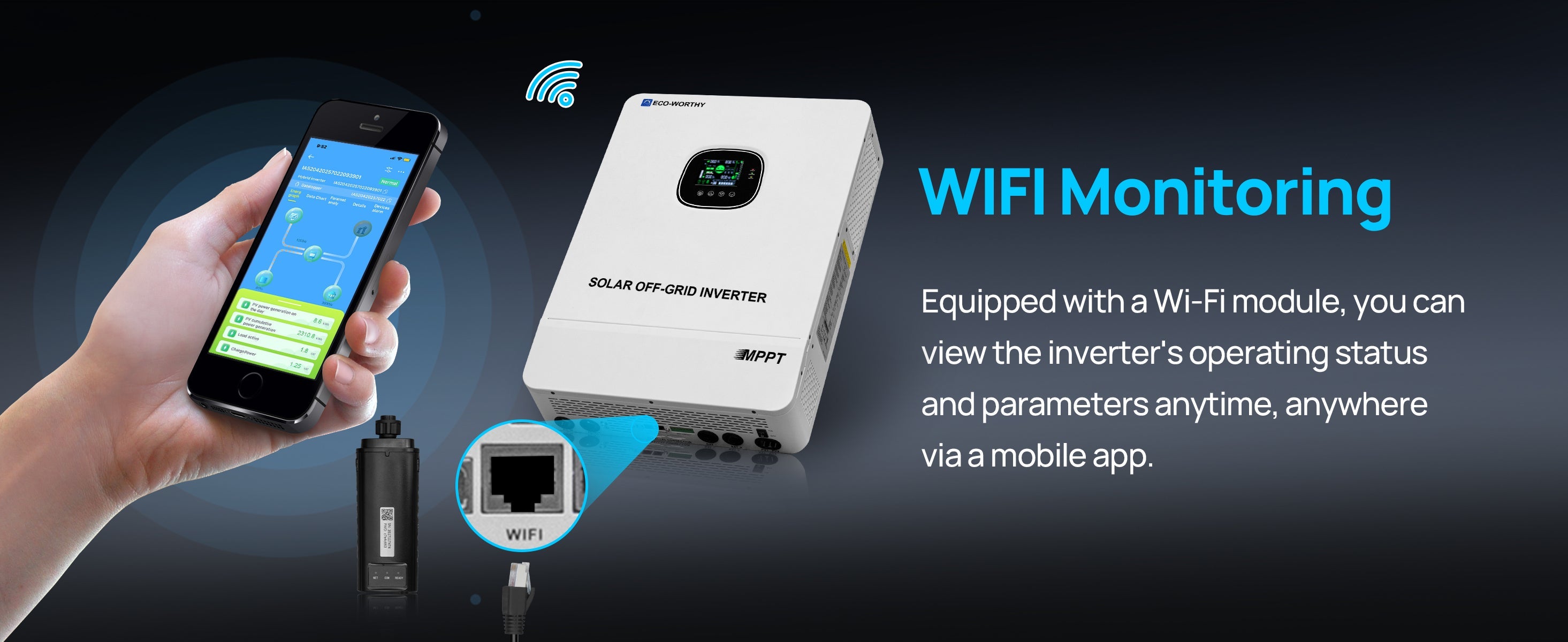 Hand holding a smartphone with a Wi-Fi monitoring app, connected to an inverter with a Wi-Fi module.