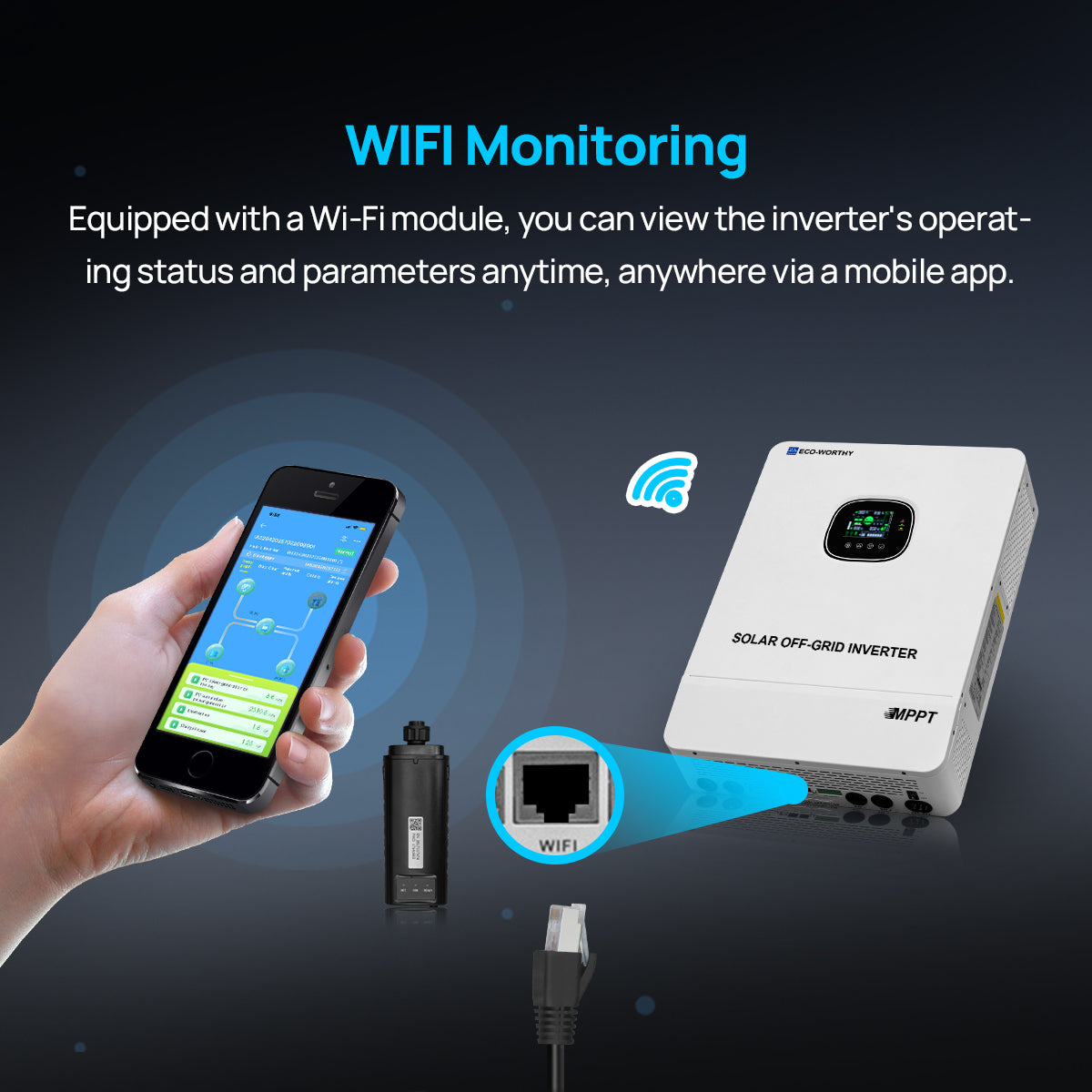 Solar off-grid inverter with Wi-Fi module and smartphone app for monitoring on a dark background