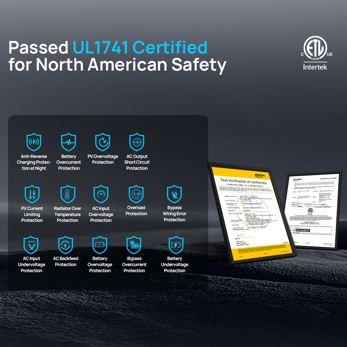 Product with UL1741 certification for North American safety, featuring Intertek logo.