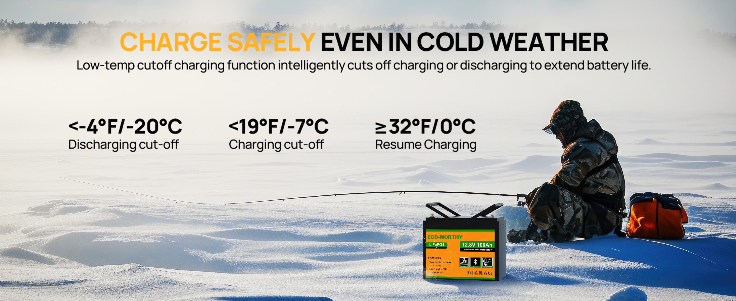 Person ice fishing with a battery pack on a cold day, emphasizing safe charging in cold weather.