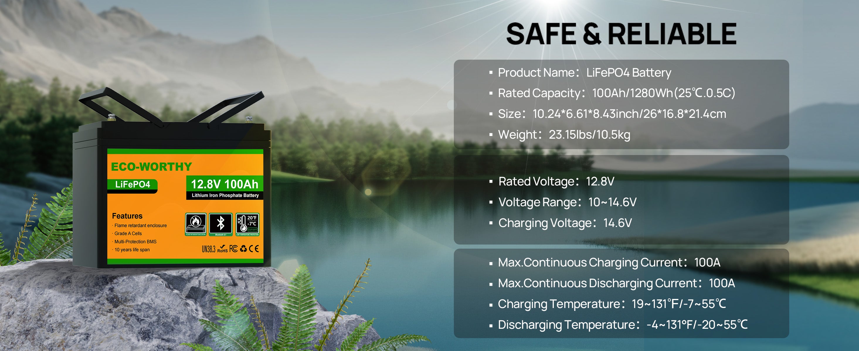 Battery pack with specifications displayed against a scenic background