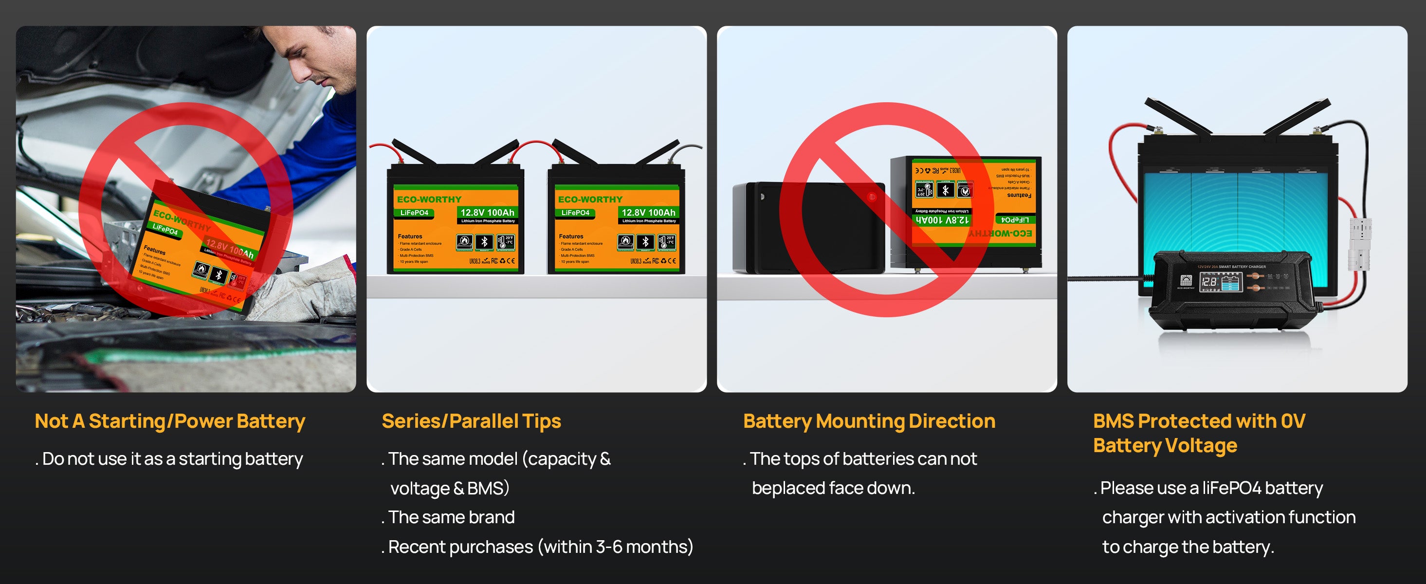 Educational graphic on battery usage and safety with icons and text.