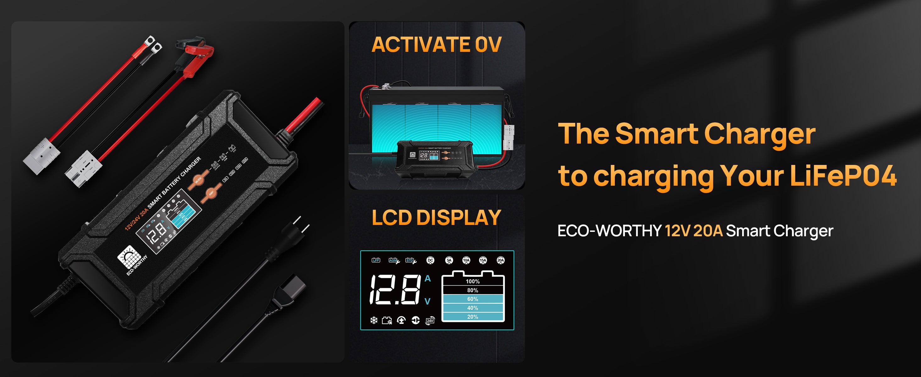 Smart charger for LiFePO4 batteries with LCD display on a dark background