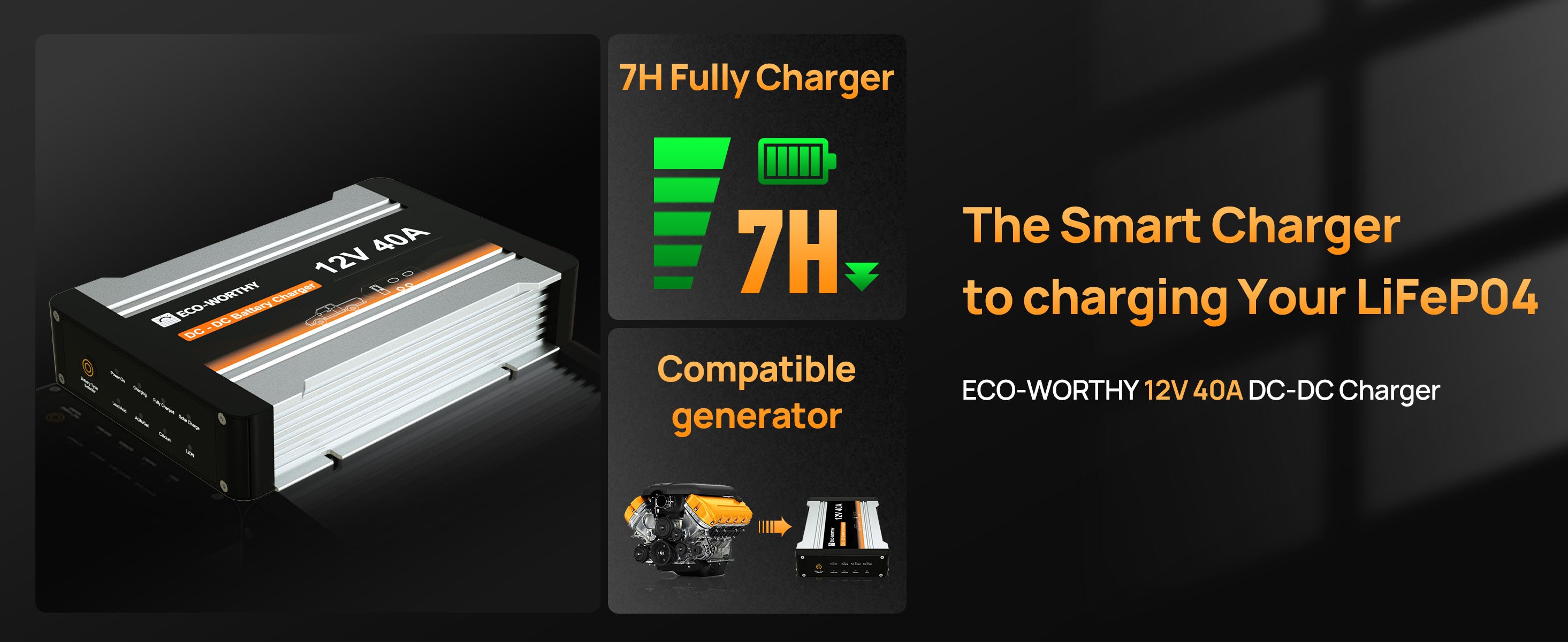 Smart charger for LiFePO4 batteries with text on a dark background