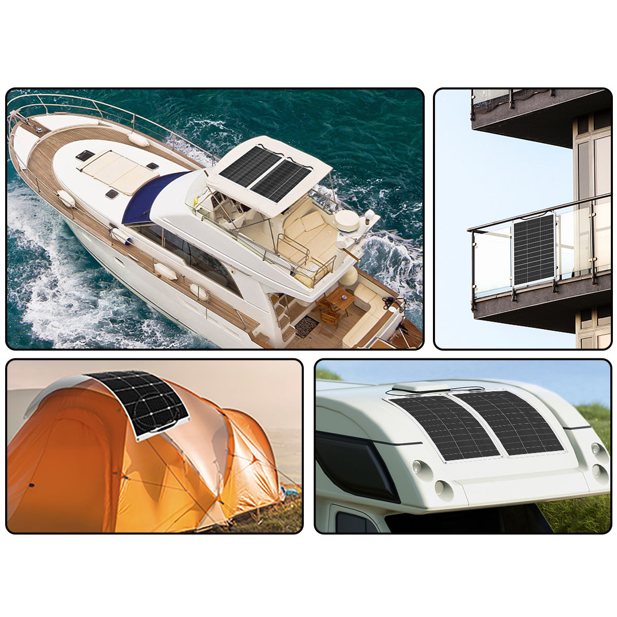 Collage of a boat, house with solar panels, tent with solar panel, and car with solar panel on a white background.