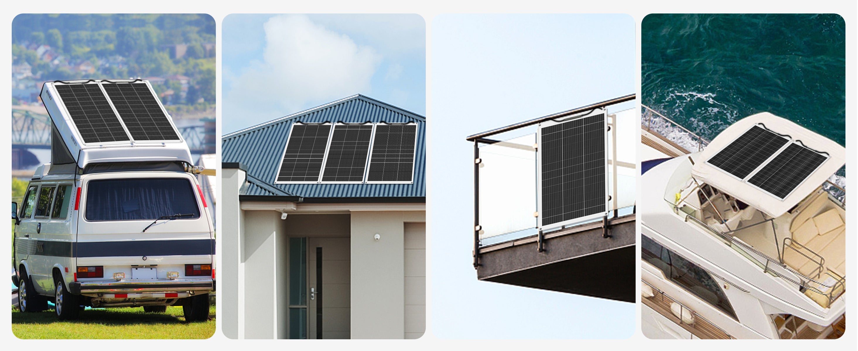 Solar panels on various vehicles and structures with a scenic background.