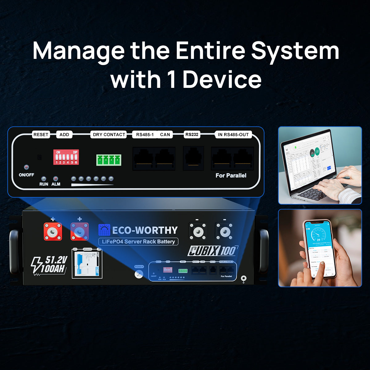 Eco-Worthy battery management system with digital display and smartphone app on a dark background