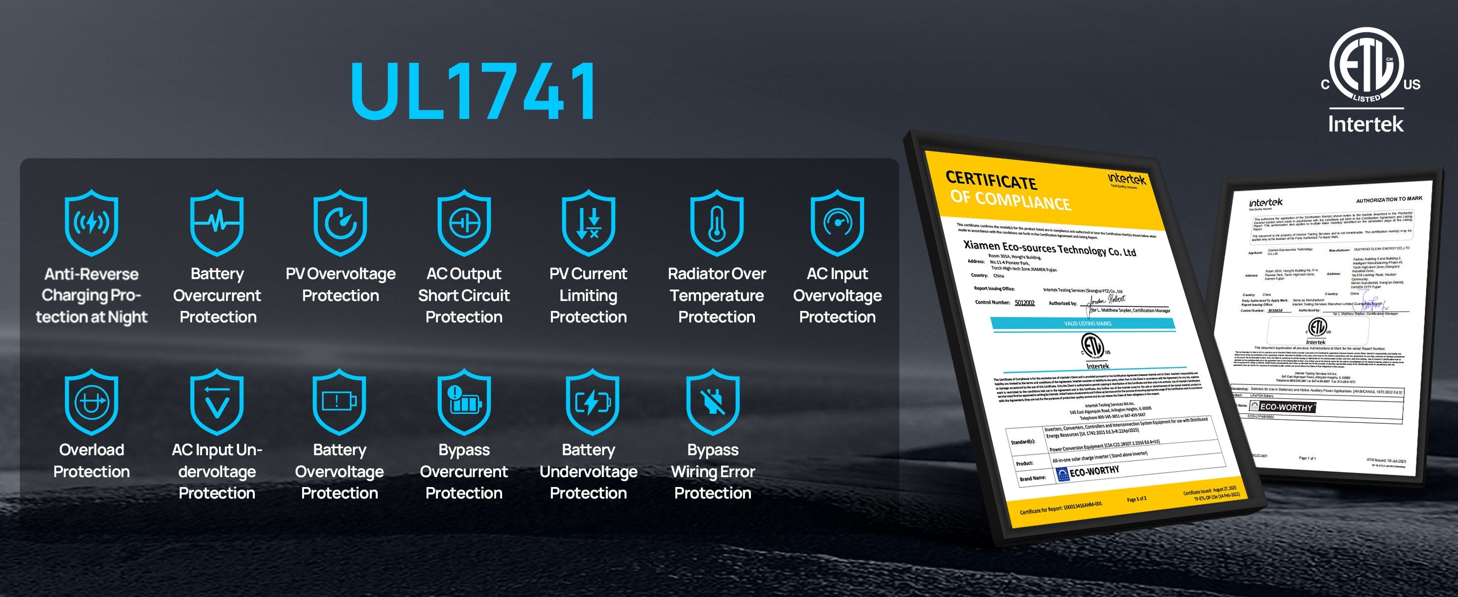 Electrical safety certification with UL1741 and Intertek branding on a dark background.