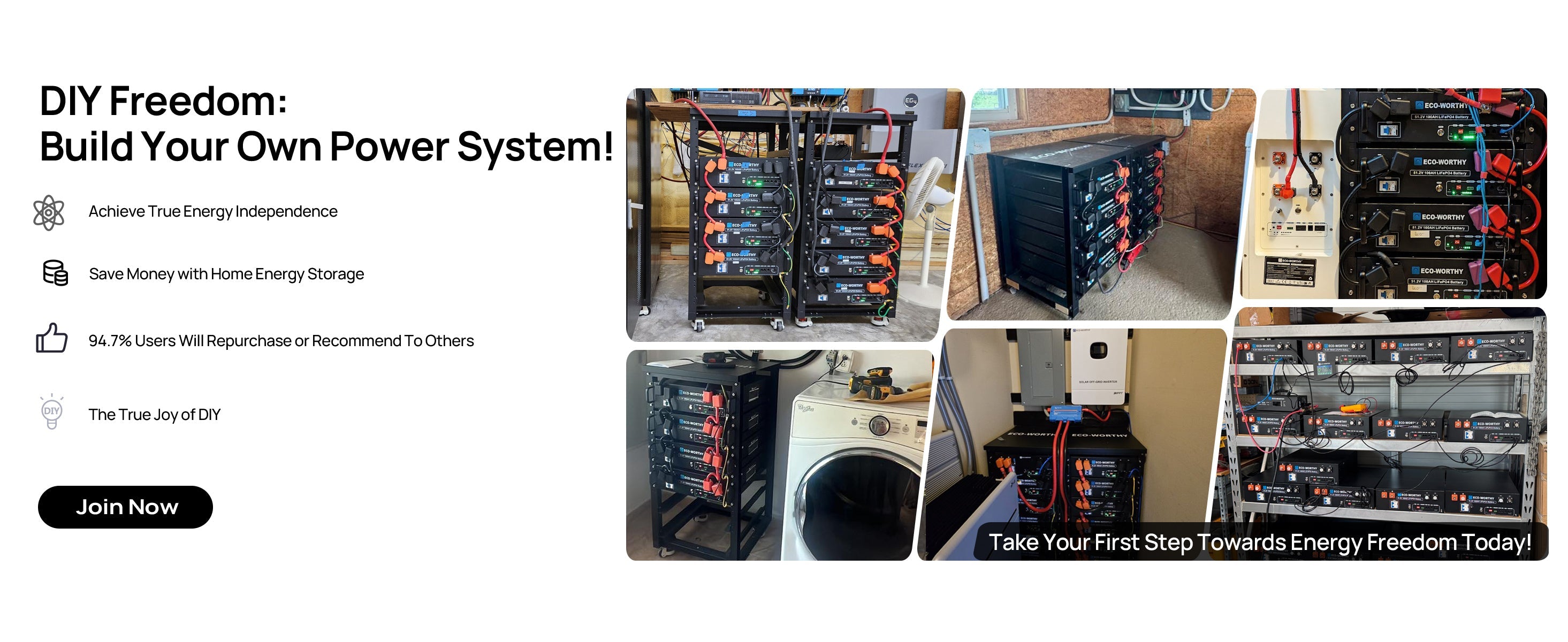 Promotional banner for building your own power system with various components and text.