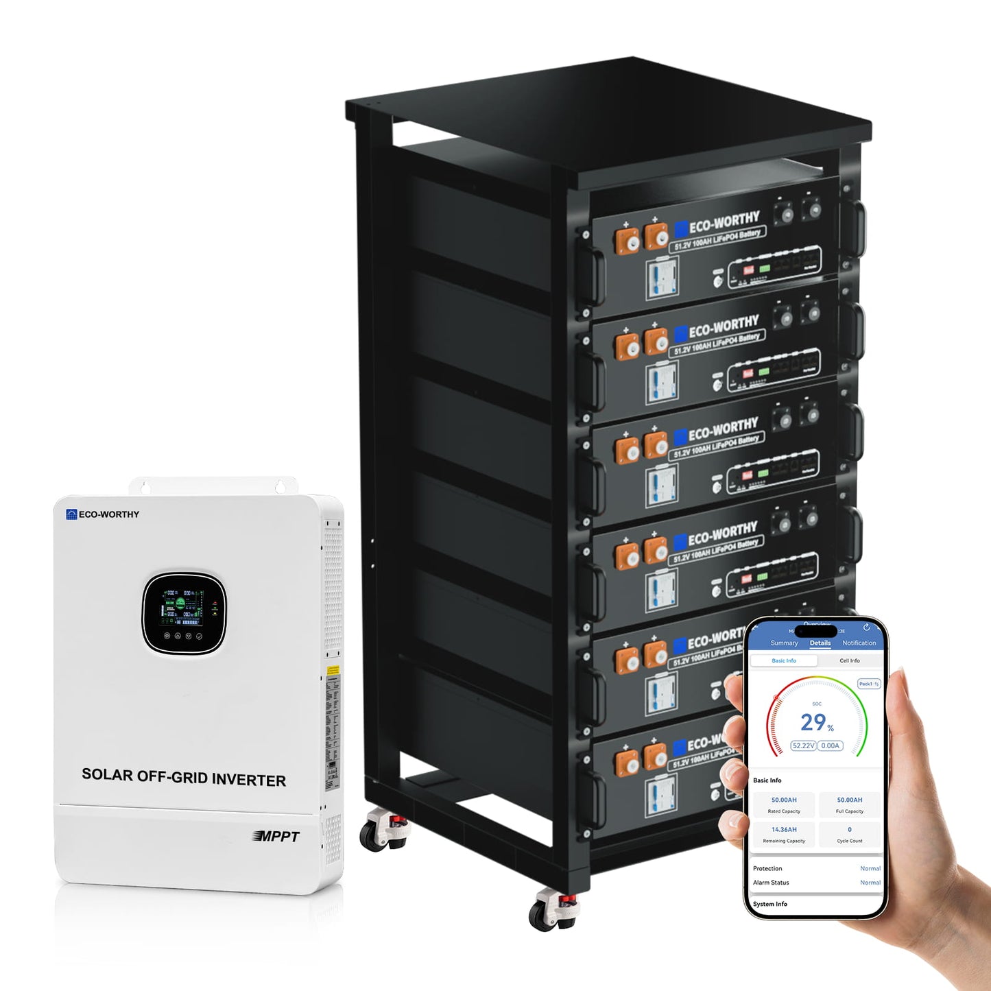 Stack of battery packs with a solar off-grid inverter and a smartphone displaying an app interface.