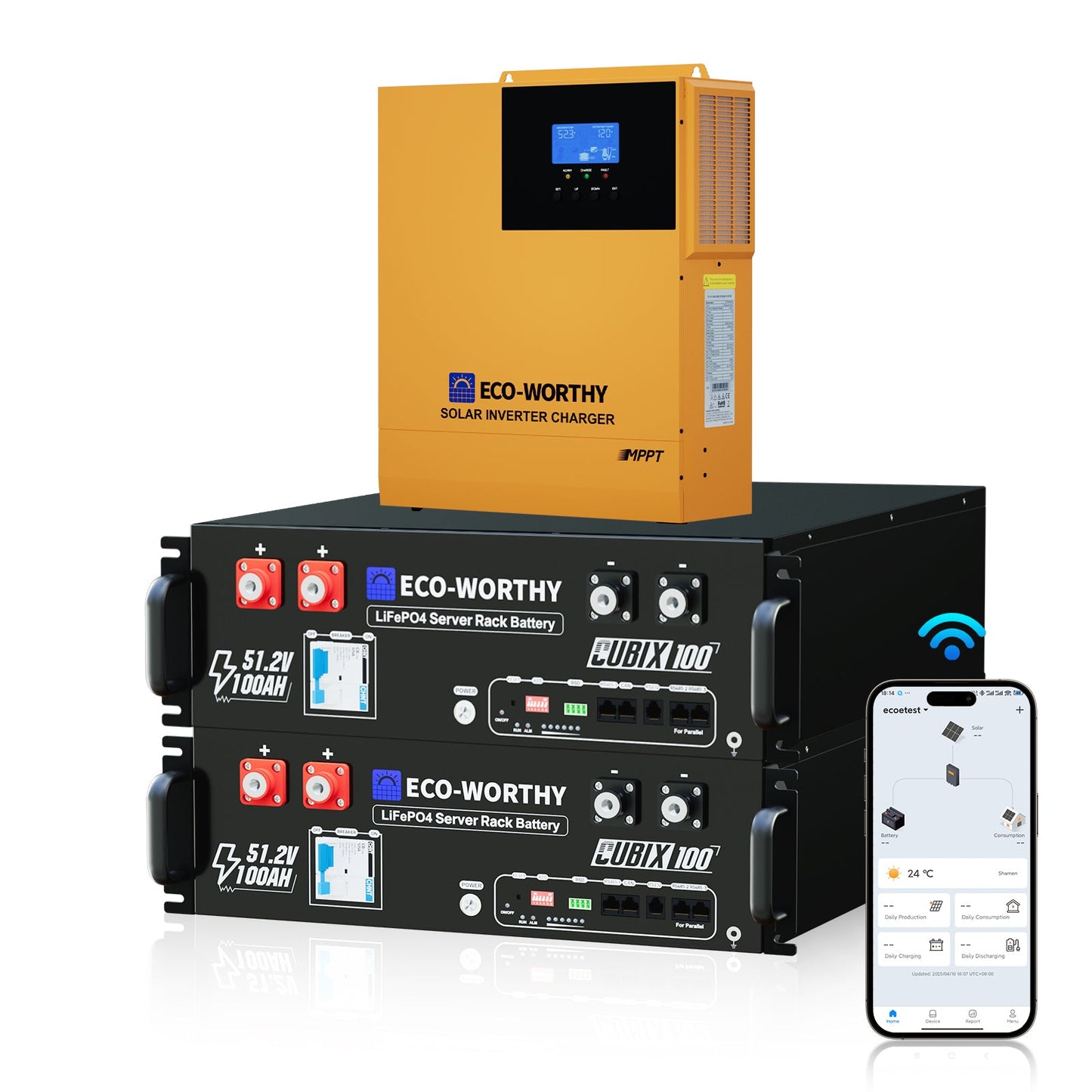 ECO-WORTHY solar inverter charger and batteries with a smartphone displaying app interface on a white background