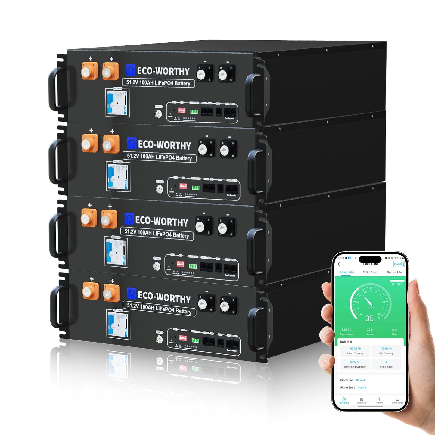 ECO - WORTHY 48V(51.2V) 100Ah LiFePO4 Server Rack Battery,3U Size With Bluetooth & Wifi(V3) - lithium battery