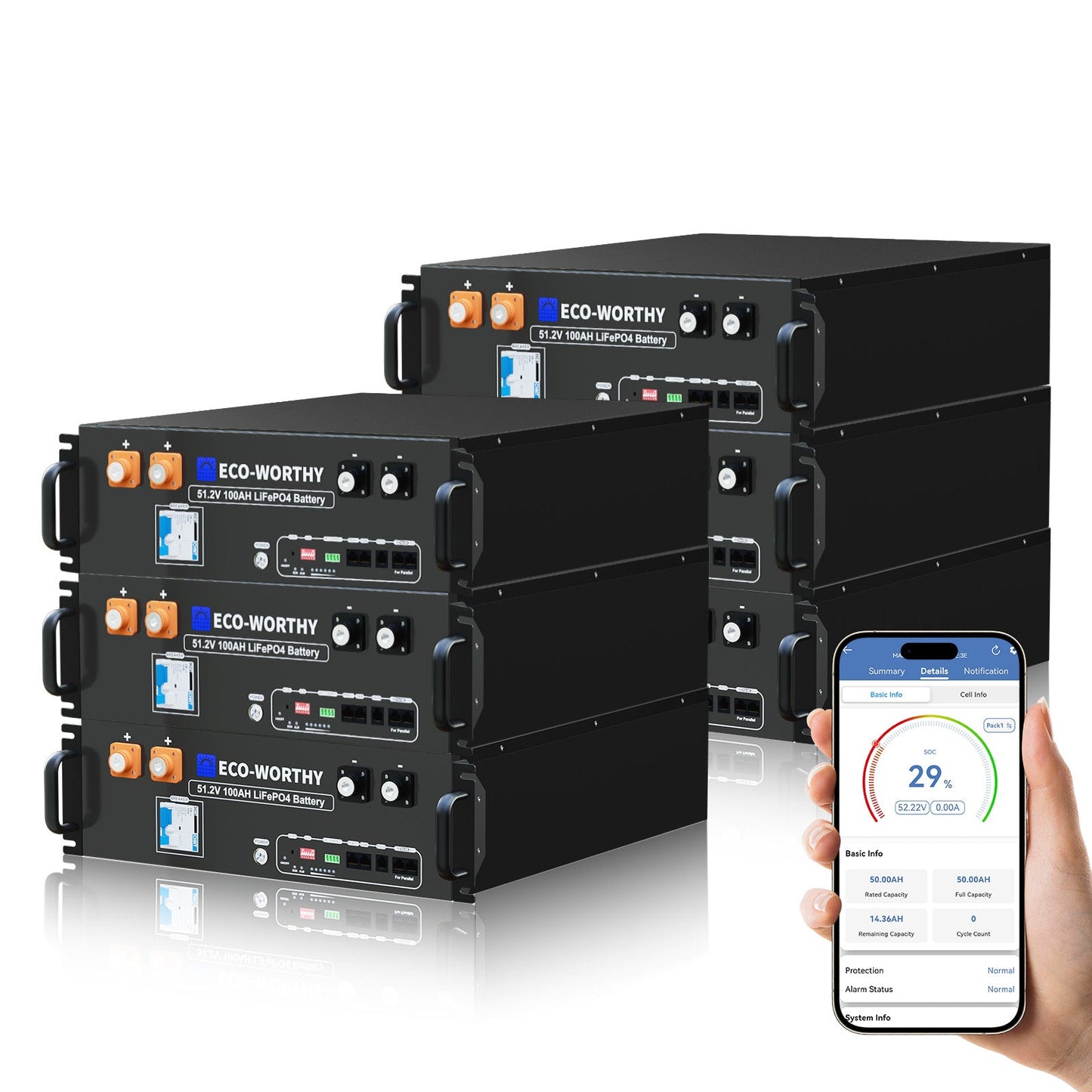 Stack of ECO - WORTHY 48V(51.2V) 100Ah LiFePO4 Server Rack Batteries with a smartphone displaying battery status on a white background
