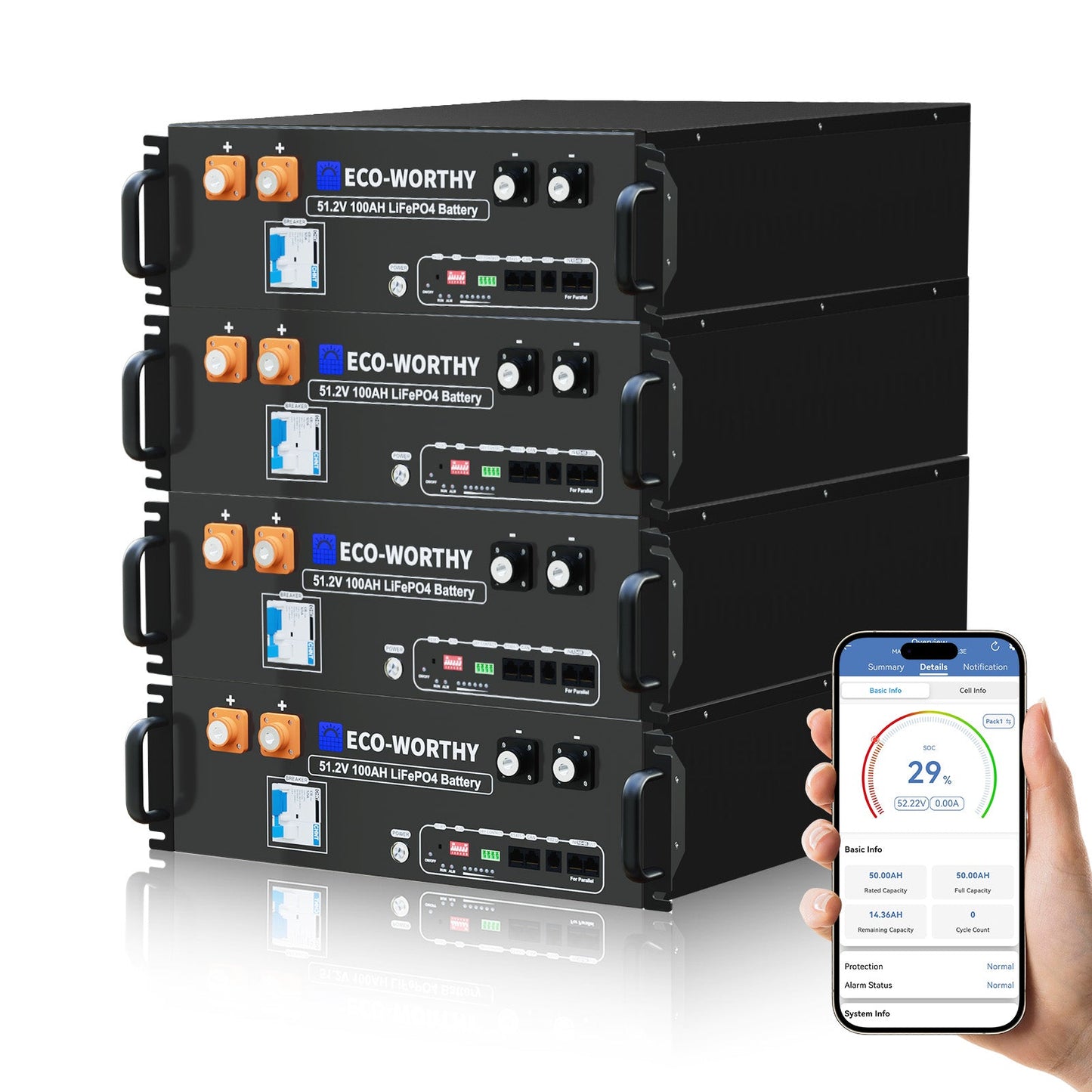 Stack of ECO - WORTHY 48V(51.2V) 100Ah LiFePO4 Server Rack Batteries with a smartphone displaying battery information on a white background