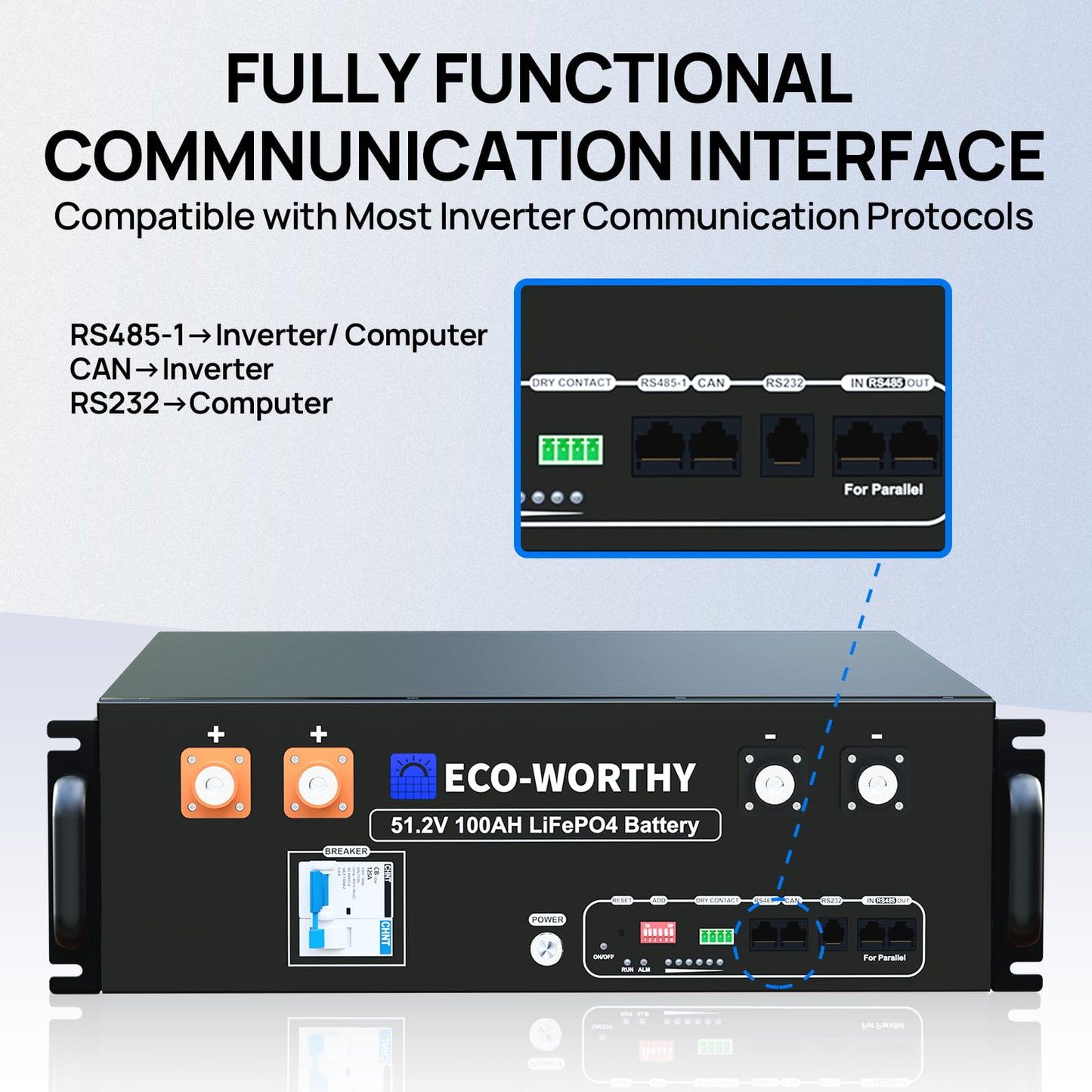 ECO - WORTHY 48V(51.2V) 100Ah LiFePO4 Server Rack Battery,5.12kWh Battery Capacity With Bluetooth & Wifi(V3) - lithium battery