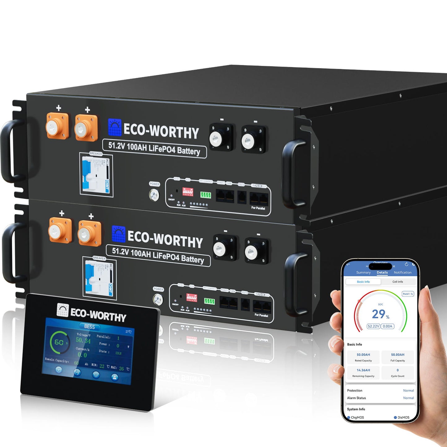 ECO - WORTHY 48V(51.2V) 100Ah LiFePO4 Server Rack Battery,5.12kWh Battery Capacity With Bluetooth & Wifi(V3) - lithium battery