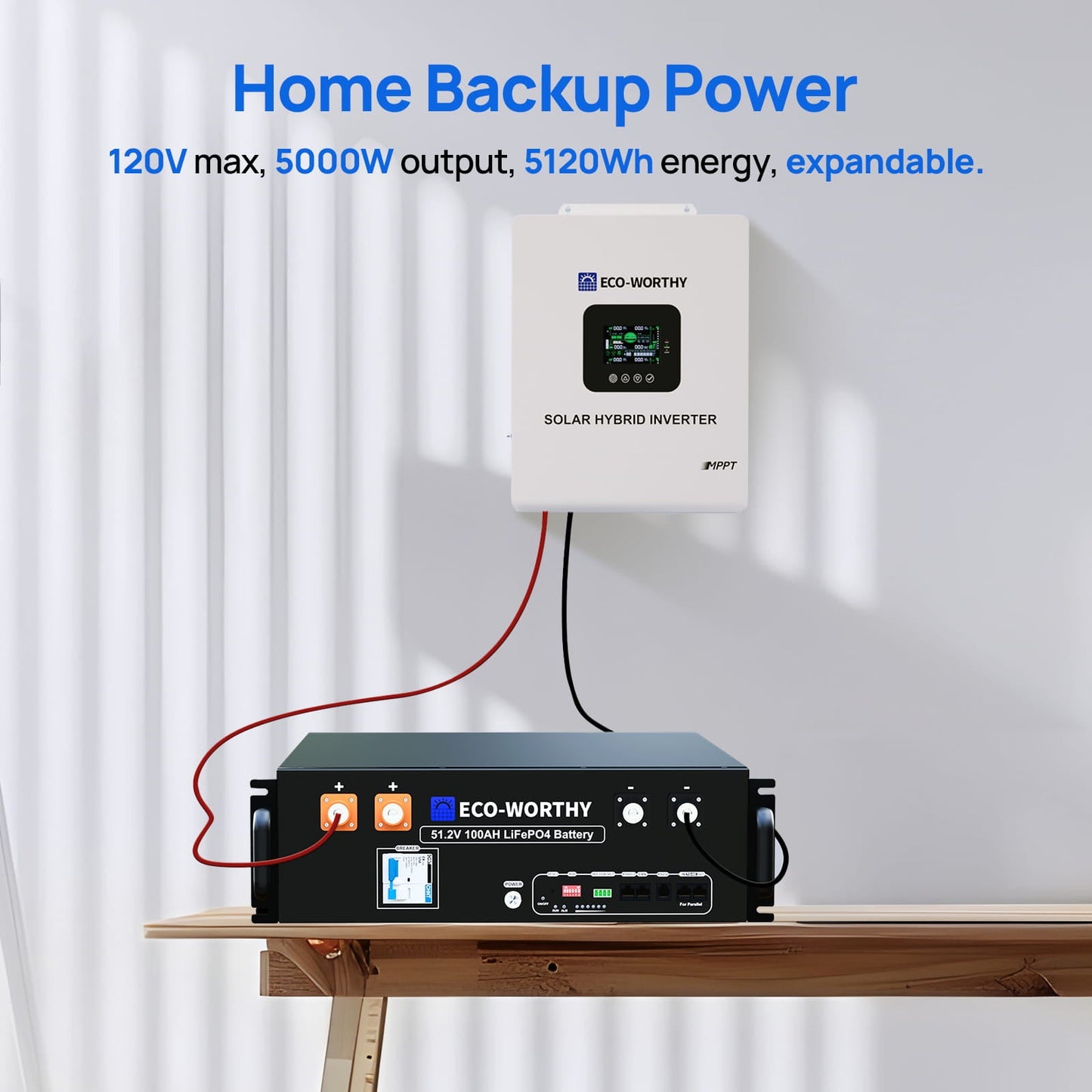 ECO - WORTHY 5.12kWh Home Backup Power with 48V 100Ah LiFePO4 Battery and 5000W 48V All-in-One Inverter on a white background