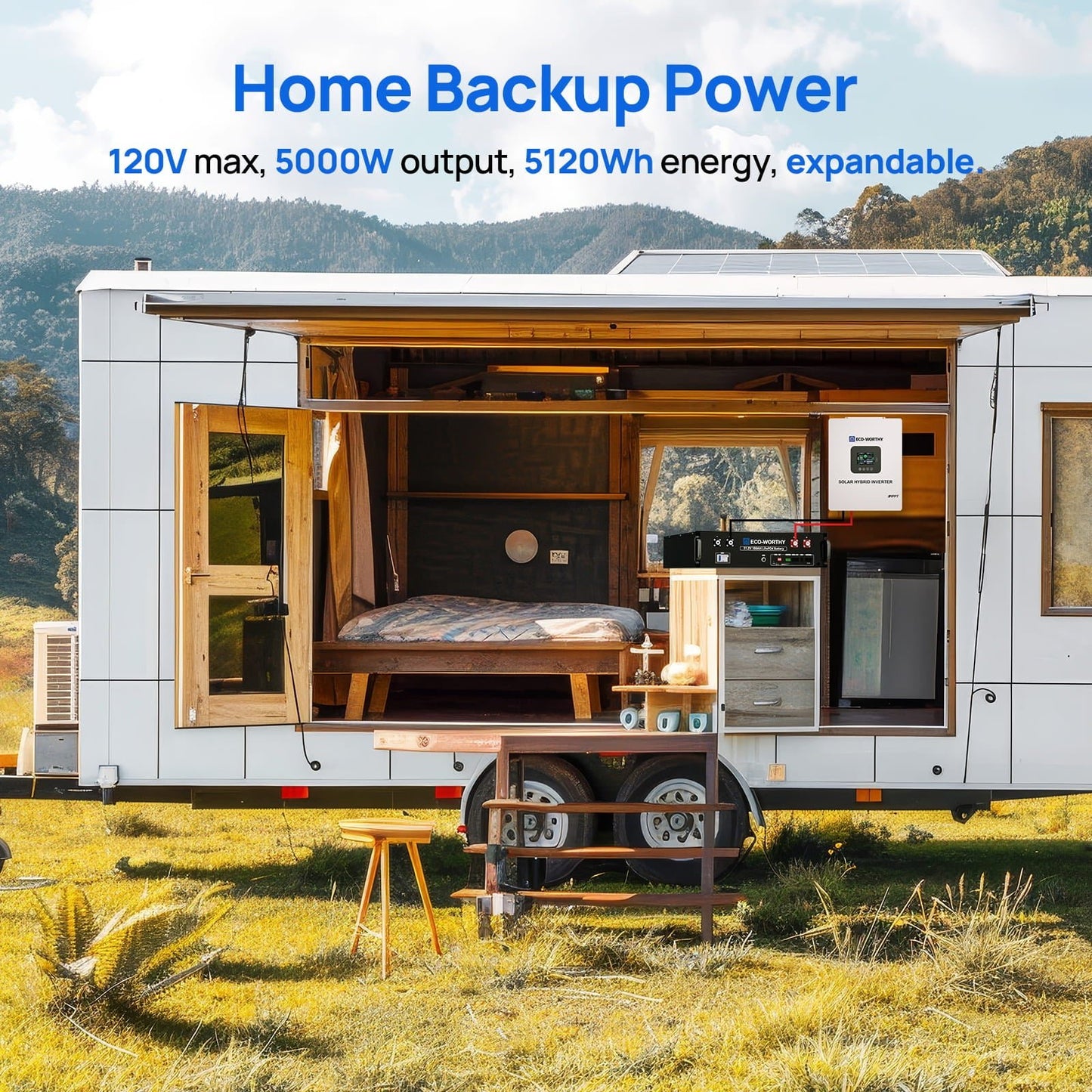 ECO - WORTHY 5.12kWh Home Backup Power with 48V 100Ah LiFePO4 Battery and 5000W 48V All in One Inverter - BESS