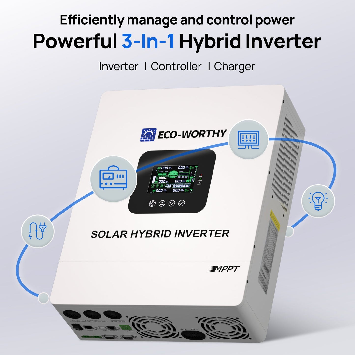 3-in-1 hybrid inverter with solar panel, controller, and charger functions on a white background