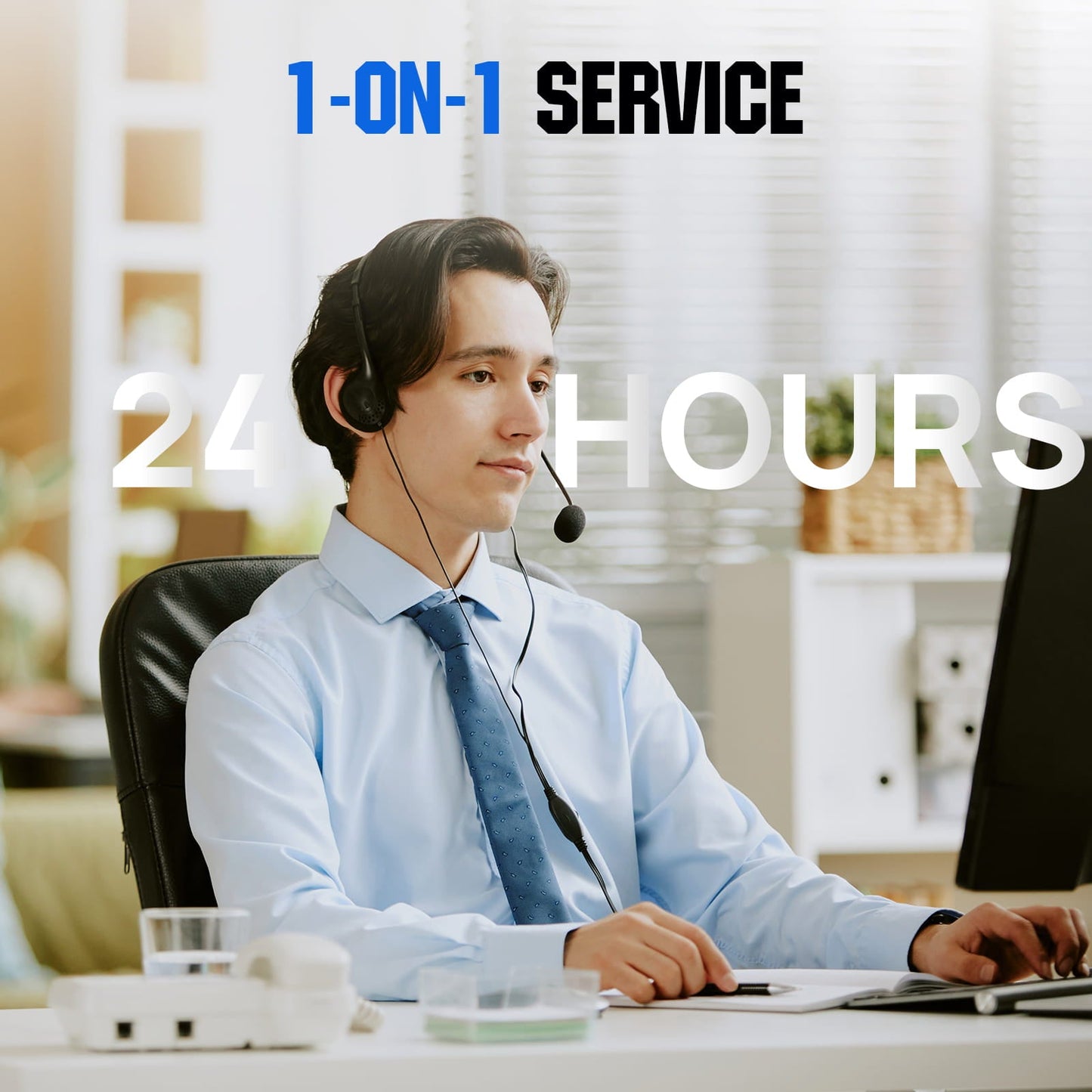 Person wearing a headset at a desk with text '1-on-1 Service' and '24 Hours' displayed.