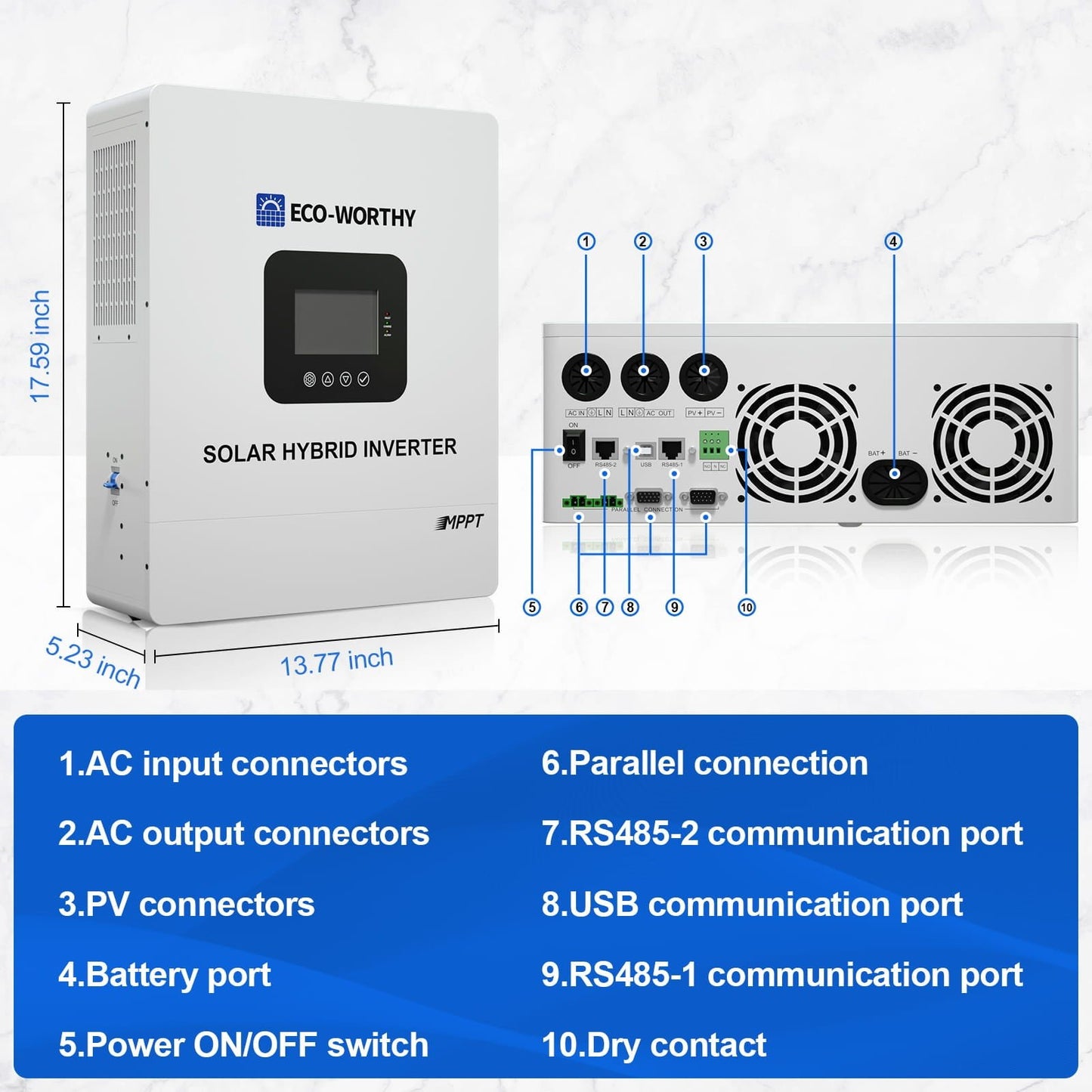 ECO - WORTHY All - In - One 5000W 48V Split Phase Power Solar Power Inverter for Off Grid System| 100A MPPT Controller and 48V DC to 120V AC Pure Sine Wave - Inverter