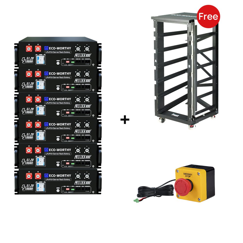 A bundle of server battery products on a white background: five stacked Eco-Worthy SL-118V 18Ah server stack batteries, a black metal rack, and a yellow emergency stop push-button with a red button. A red circular 'Free' badge appears near the rack.