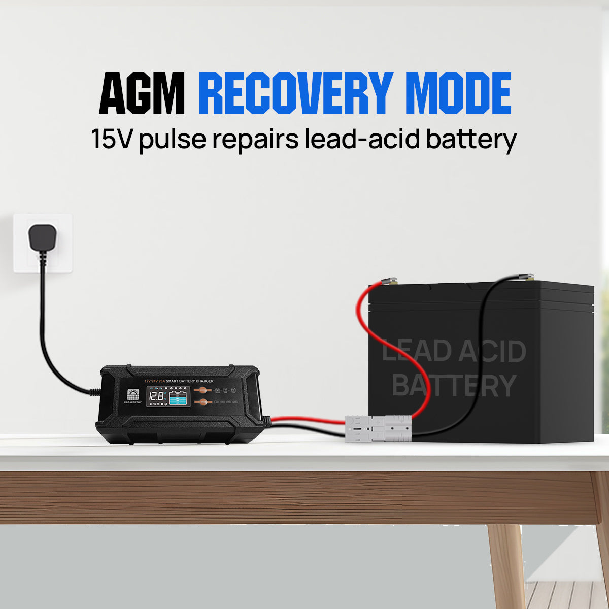 Battery charger with lead-acid battery on a white surface, text indicating AGM recovery mode.