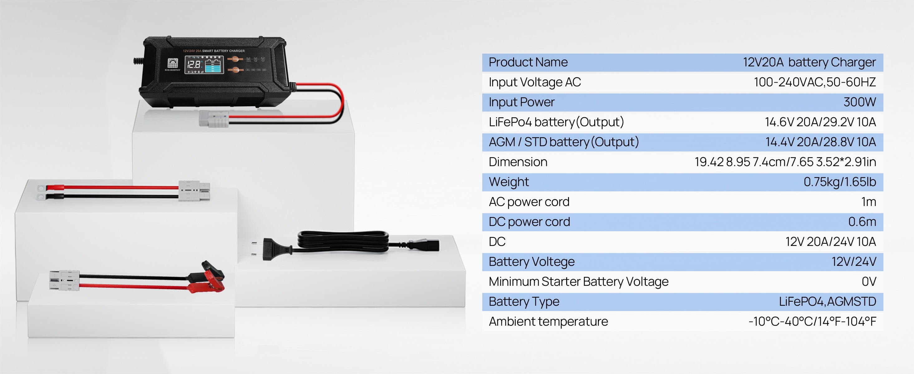12V/24V battery charger with wiring diagram and technical specifications on a white background