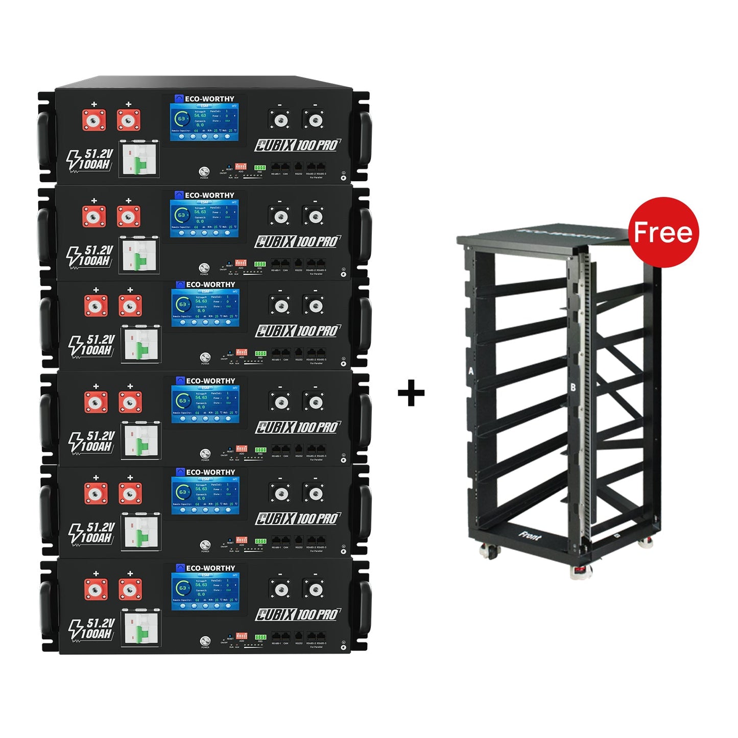 Stack of 6 48V(51.2V) 100Ah Server Rack Batteries with a free rack stand on a white background
