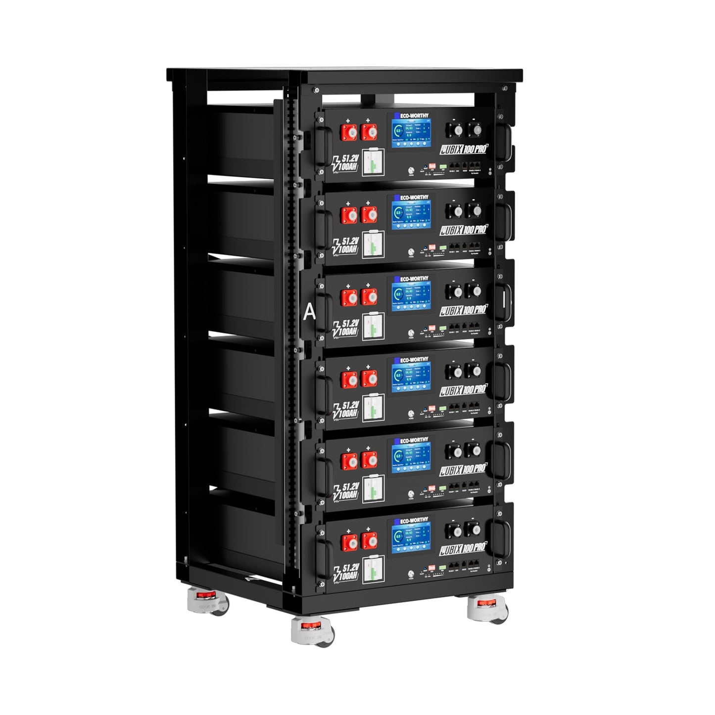 Black battery rack with multiple Eco-Worthy Cubix100 Pro on a white background