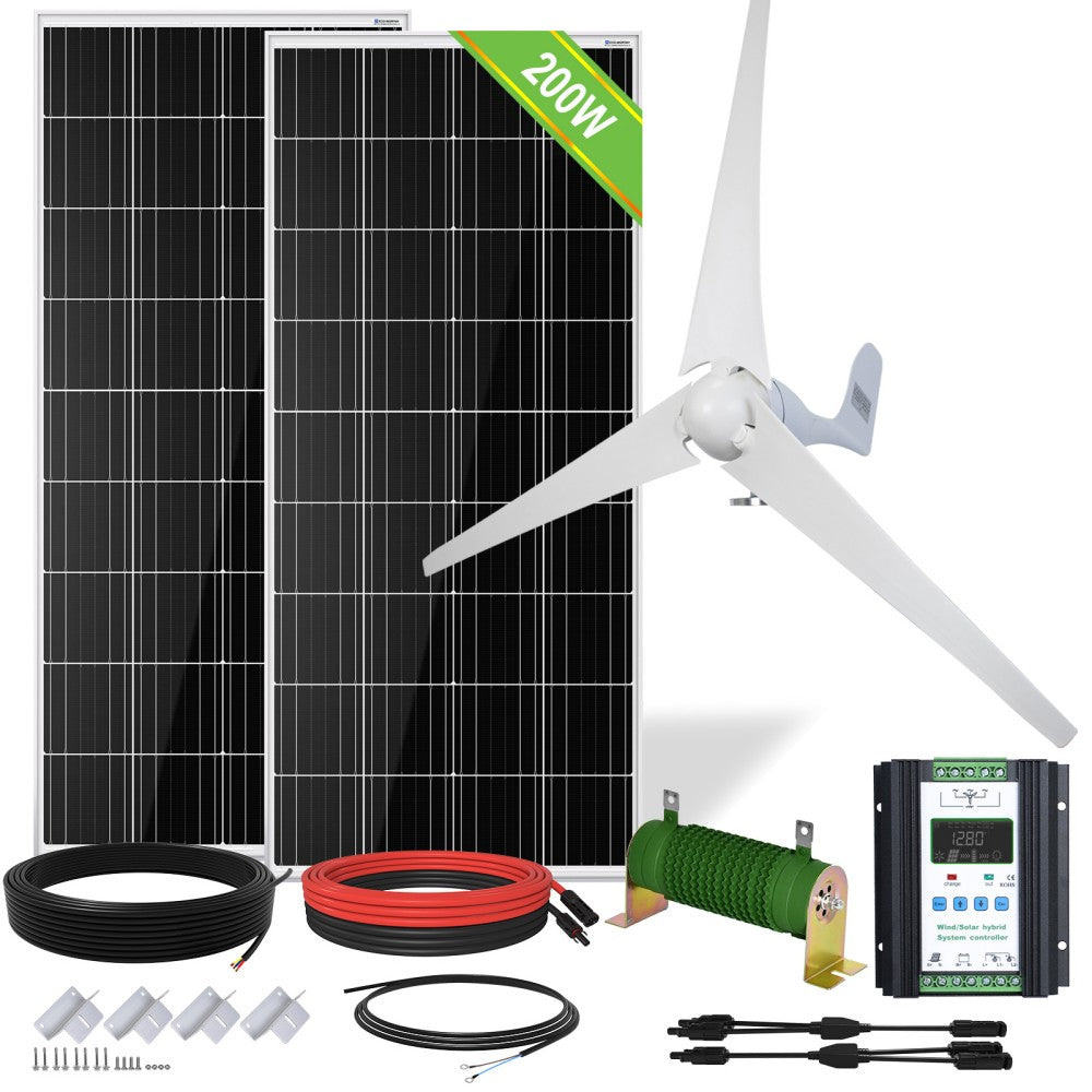 600W 12V (400W Wind+2x100W Solar) Solar Wind Hybrid Kit with 1100W Inverter + Lithium Battery