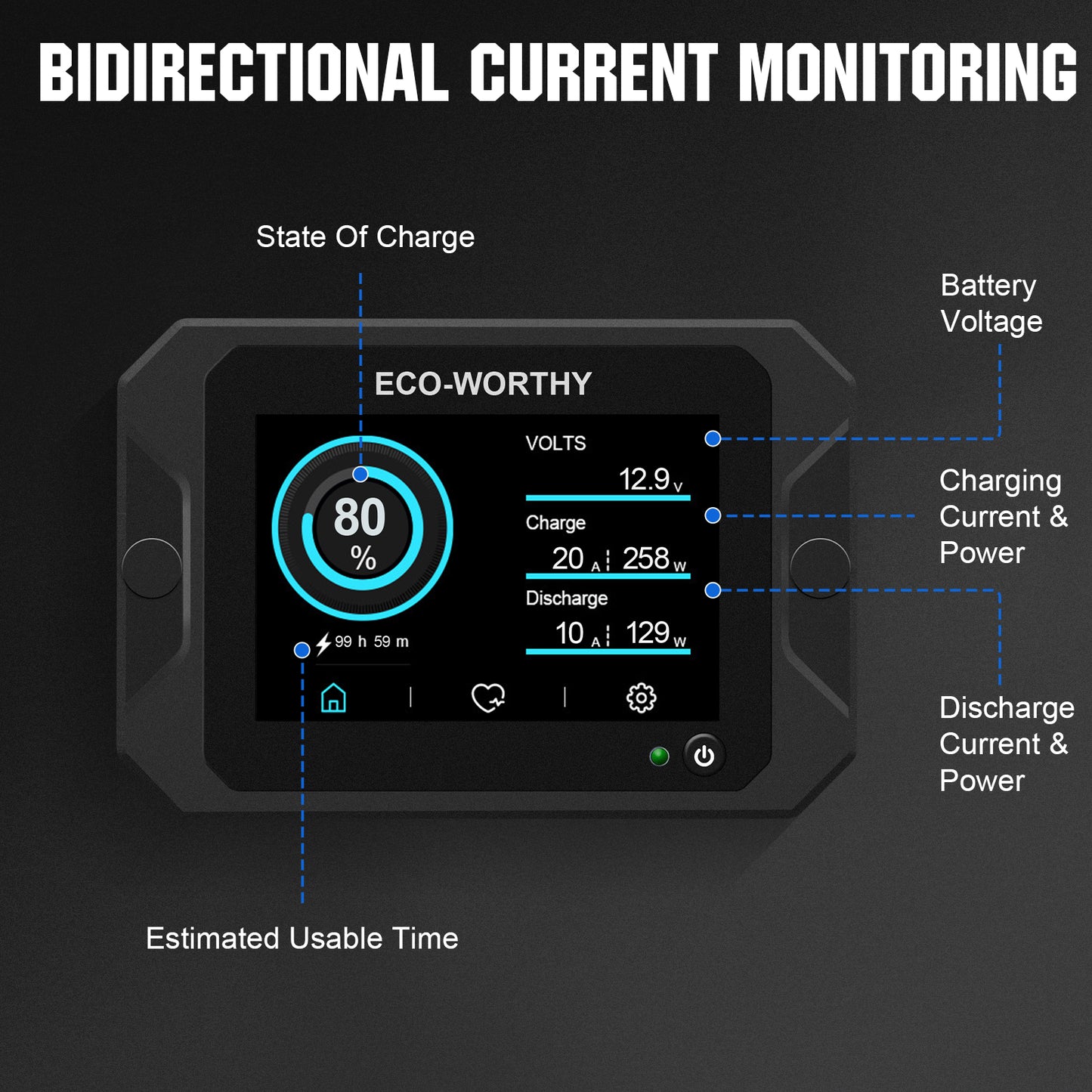 300A 3.5" Touchable Display Battery Monitor with Hall Sensor for AGM and Lithium (LiFePO4) Batteries