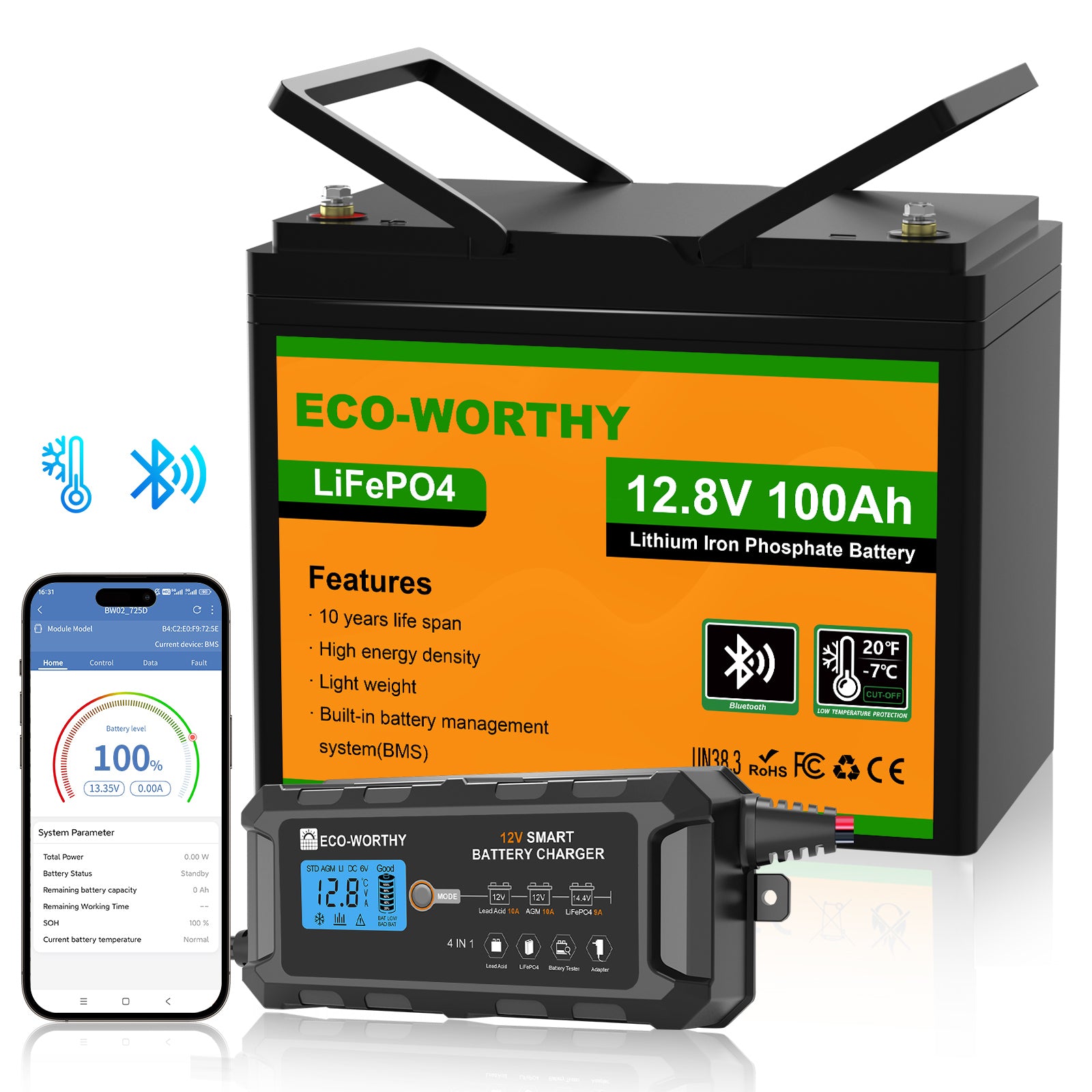 LiFePO4 12V 100Ah Lithium Iron Phosphate Battery With Bluetooth And Low-temperature Protection - eco-worthy-ca
