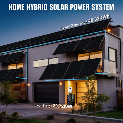 Modern house with solar panels on the roof and power storage system, featuring text about home hybrid solar power system.