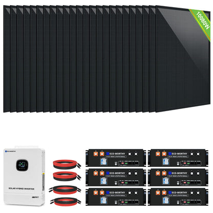 Collection of solar panels, inverters, and cables on a white background